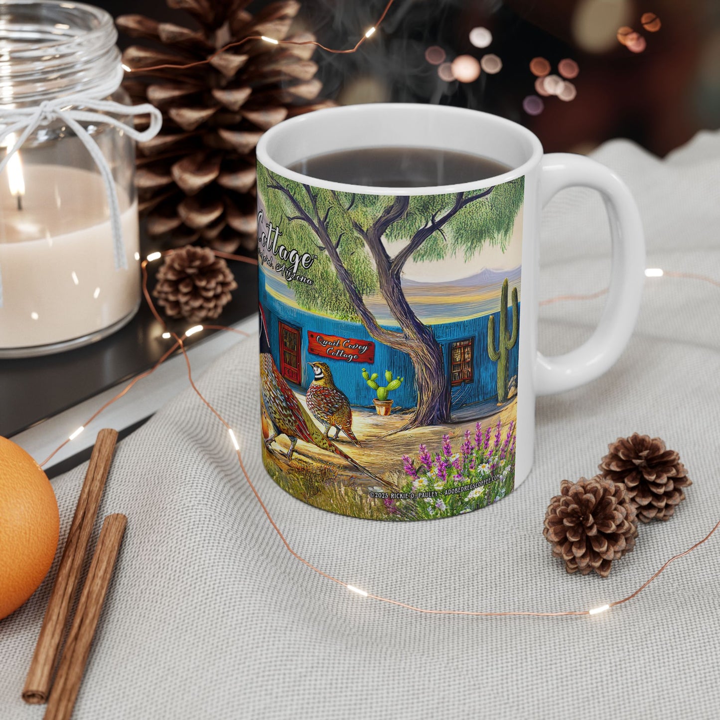 "Quail Covey Cottage" - Rustic Quail-Themed Ceramic Mug, Unique Coffee Cup, Nature Lover Gift, Desert Southwest Decor