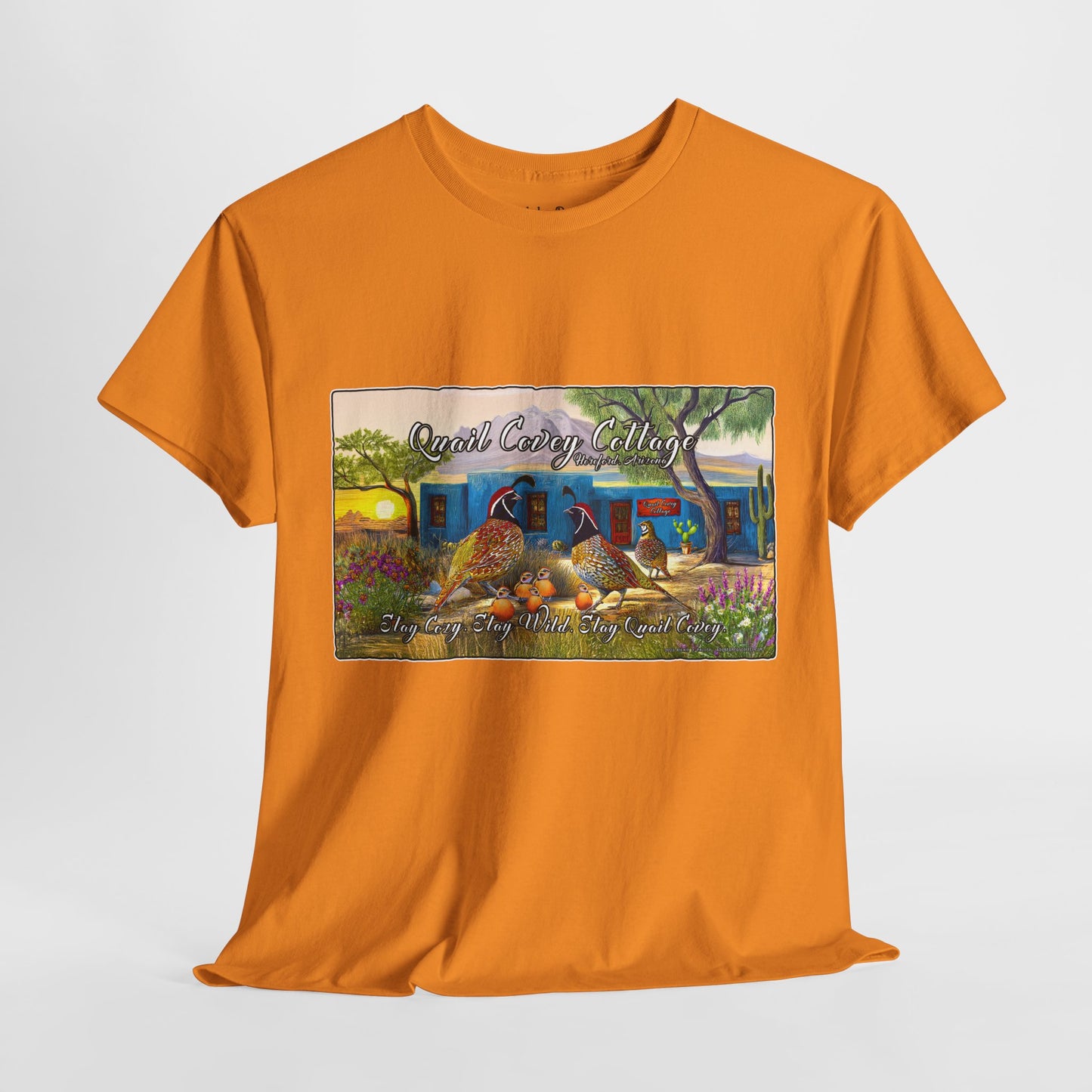 "Quail Covey Cottage" Nature-Inspired Unisex Heavy Cotton Tee, Casual Shirt, Graphic Tee, Eco-Friendly Fashion, Outdoor Adventure Wear