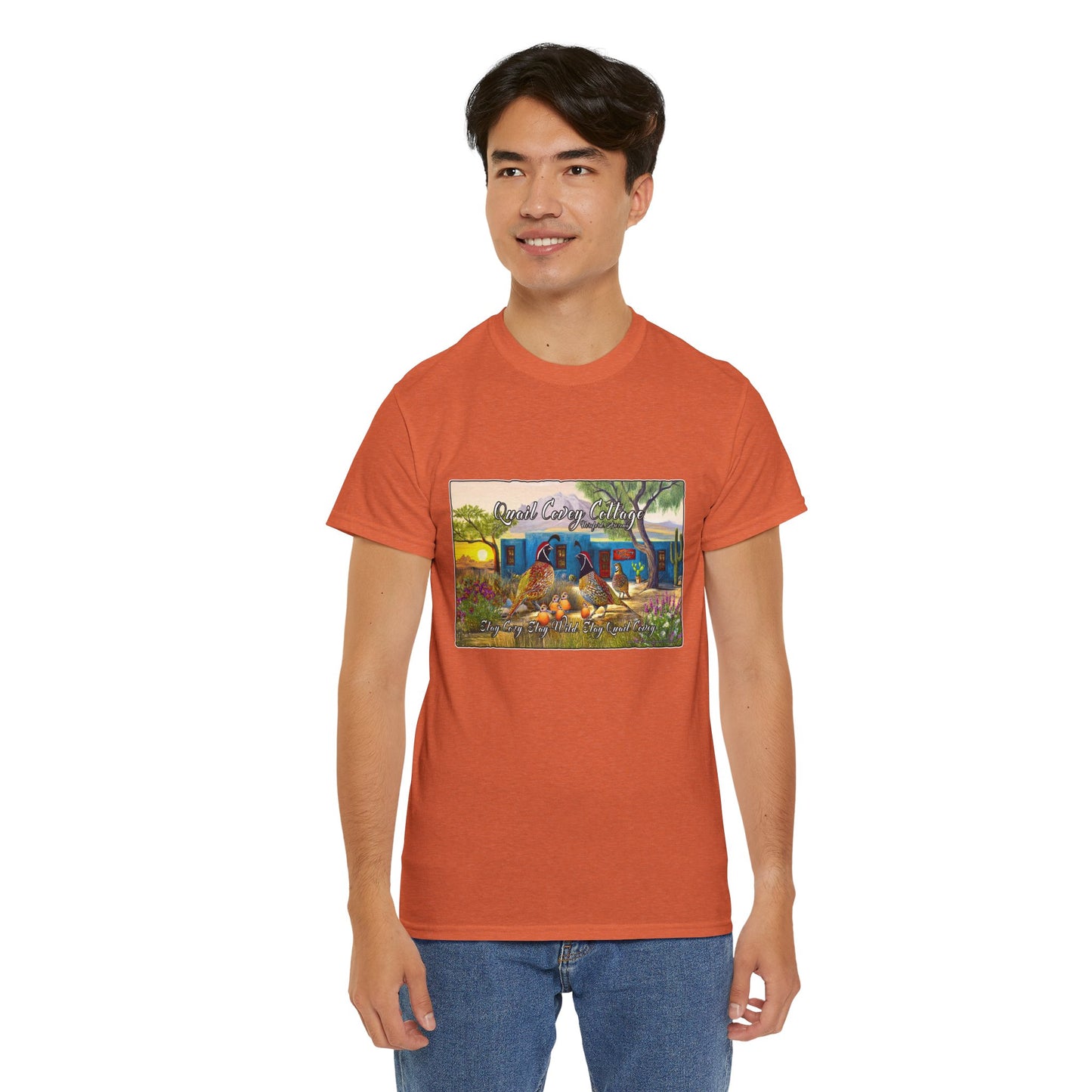 "Quail Covey Cottage" Nature-Inspired Unisex Heavy Cotton Tee, Casual Shirt, Graphic Tee, Eco-Friendly Fashion, Outdoor Adventure Wear