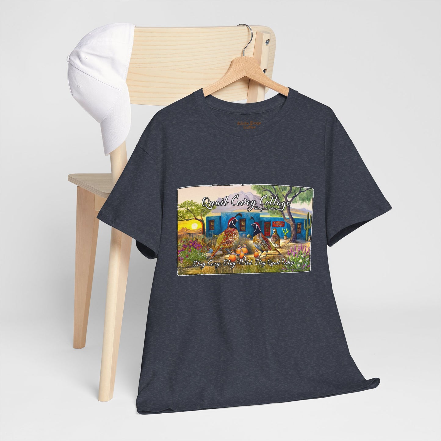 "Quail Covey Cottage" Nature-Inspired Unisex Heavy Cotton Tee, Casual Shirt, Graphic Tee, Eco-Friendly Fashion, Outdoor Adventure Wear