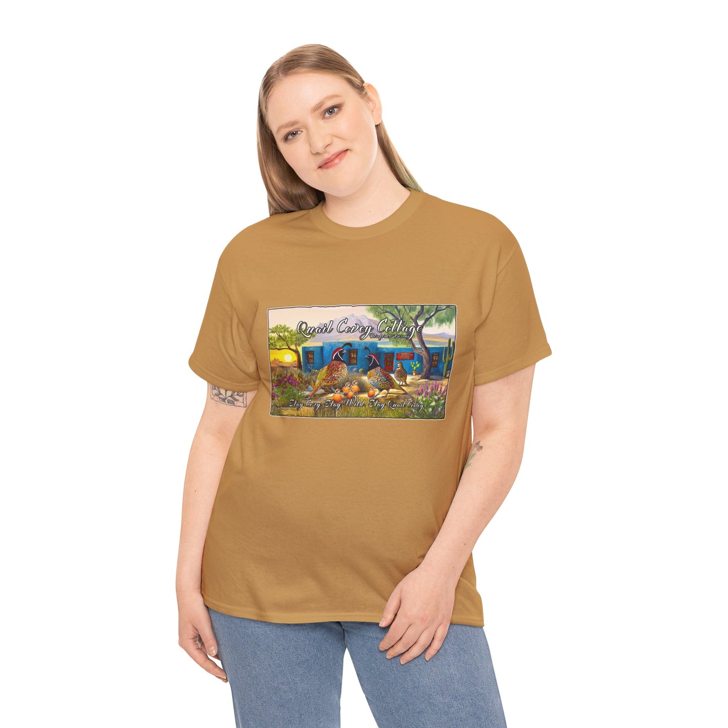 "Quail Covey Cottage" Nature-Inspired Unisex Heavy Cotton Tee, Casual Shirt, Graphic Tee, Eco-Friendly Fashion, Outdoor Adventure Wear