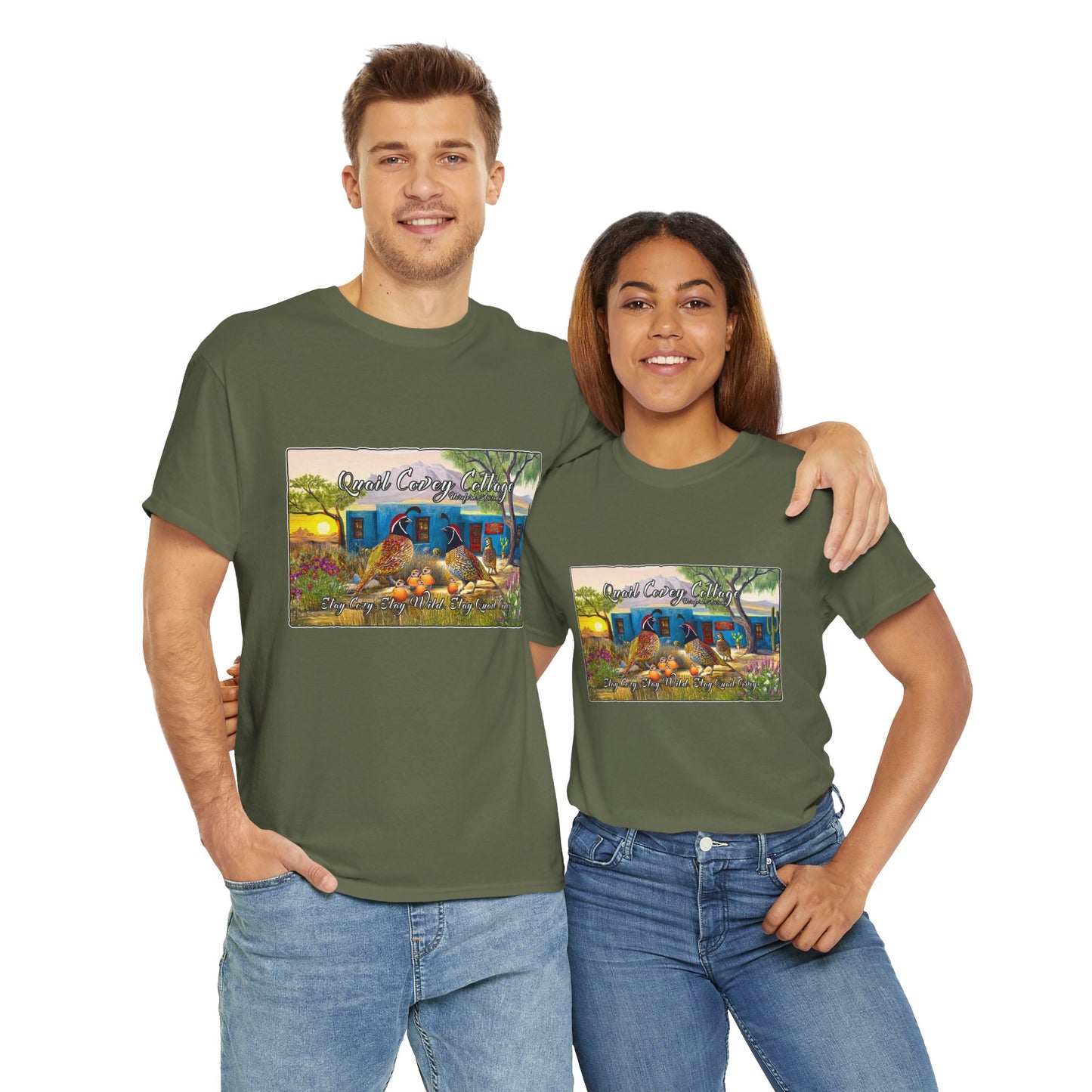 "Quail Covey Cottage" Nature-Inspired Unisex Heavy Cotton Tee, Casual Shirt, Graphic Tee, Eco-Friendly Fashion, Outdoor Adventure Wear