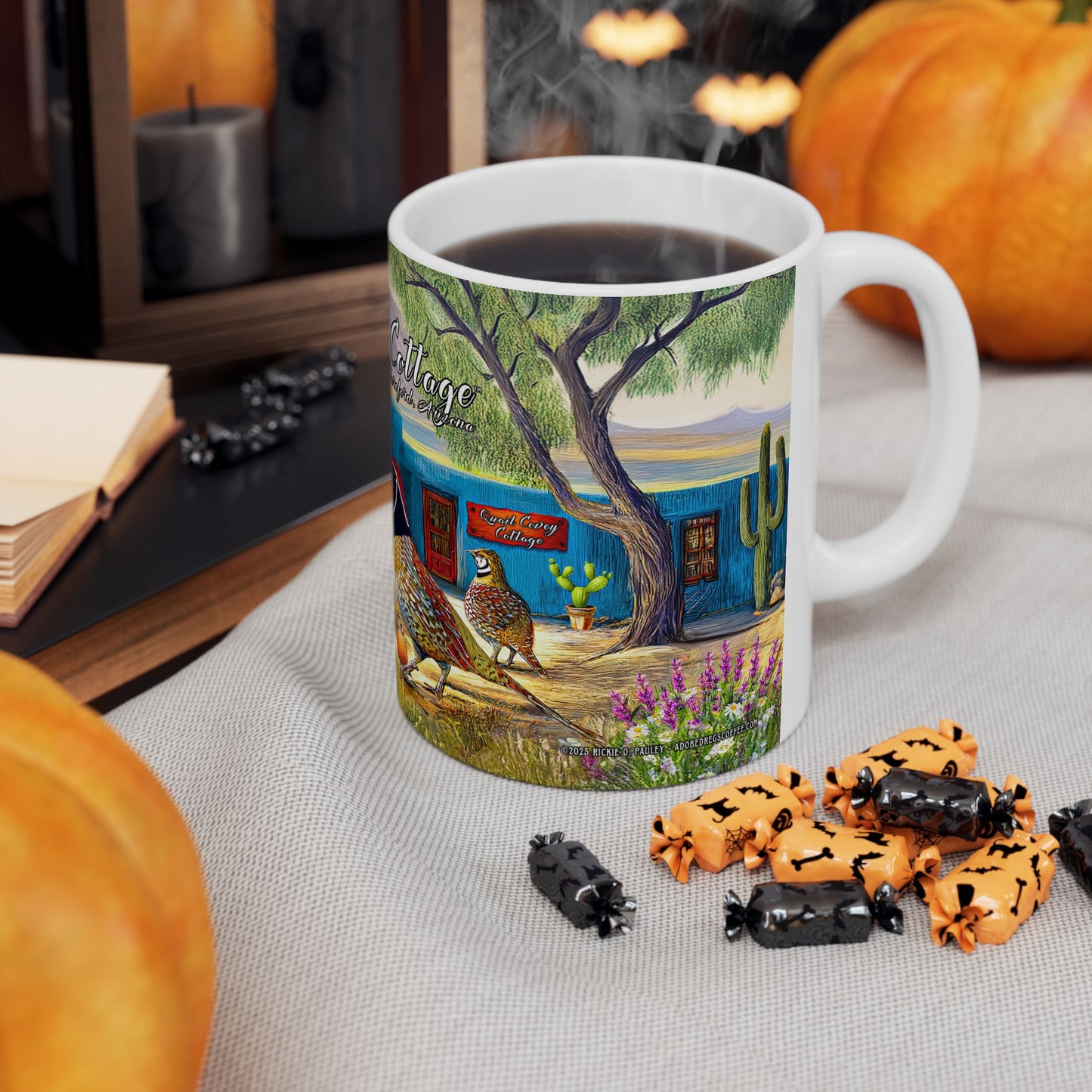 "Quail Covey Cottage" - Rustic Quail-Themed Ceramic Mug, Unique Coffee Cup, Nature Lover Gift, Desert Southwest Decor