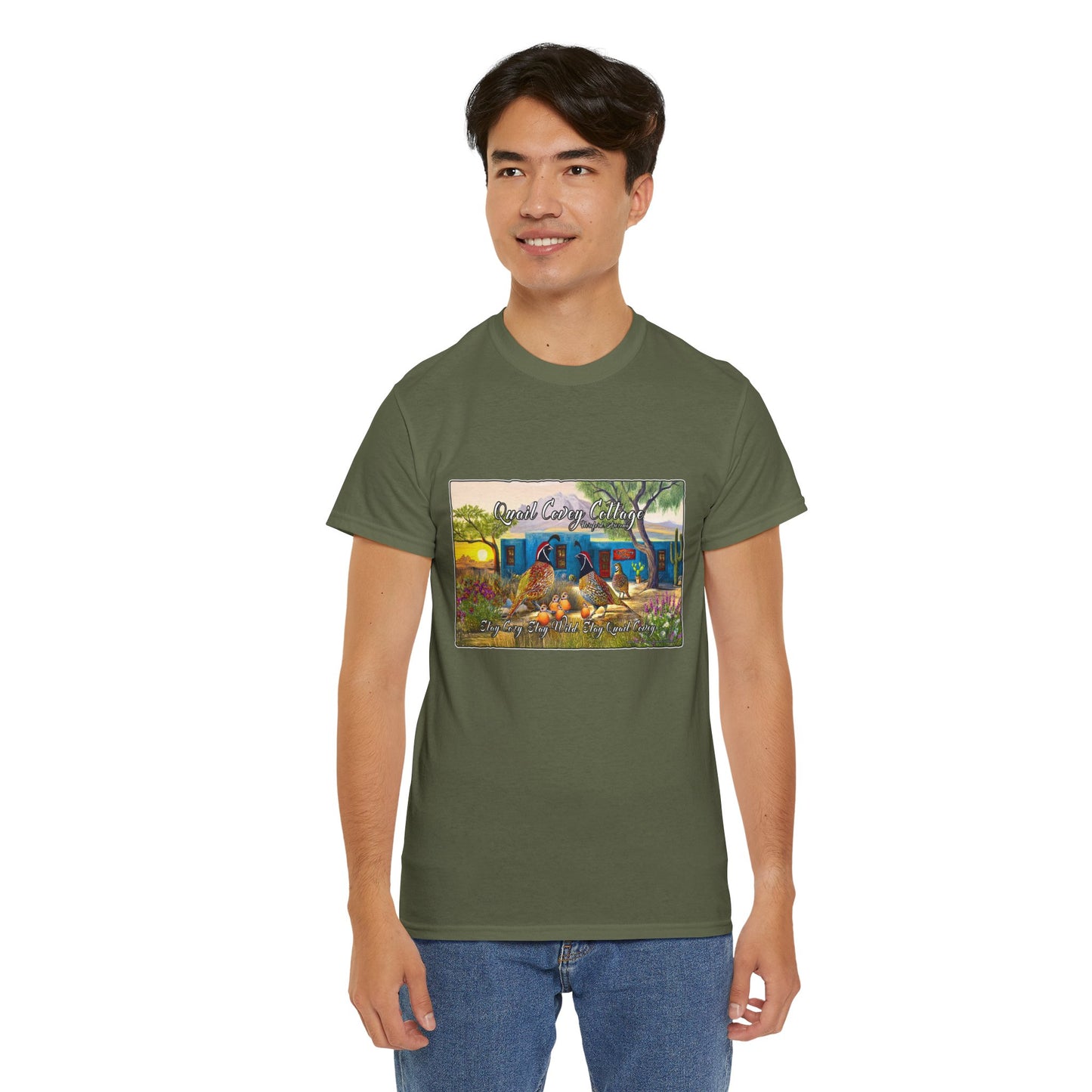 "Quail Covey Cottage" Nature-Inspired Unisex Heavy Cotton Tee, Casual Shirt, Graphic Tee, Eco-Friendly Fashion, Outdoor Adventure Wear