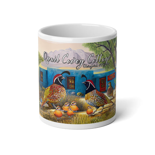 "Quail Covey Cottage" Jumbo Mug, 20oz - Ideal for Coffee Lovers, Perfect Gift for Nature Enthusiasts, Desert Southwest Home Decor, Kitchenware