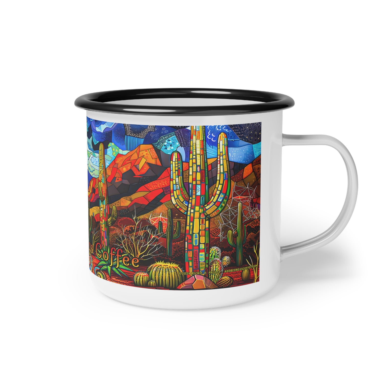 "A Patchwork Desert Camp" Mug Desert Southwest Theme Colorful Patchwork Desert Tent 12 oz Enamel Cup