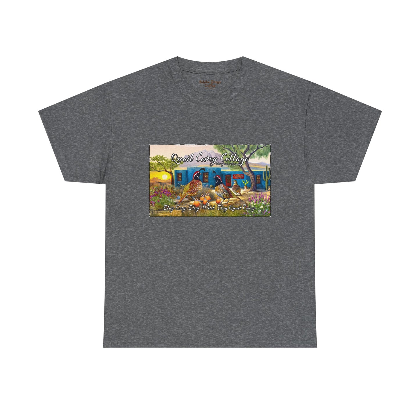 "Quail Covey Cottage" Nature-Inspired Unisex Heavy Cotton Tee, Casual Shirt, Graphic Tee, Eco-Friendly Fashion, Outdoor Adventure Wear