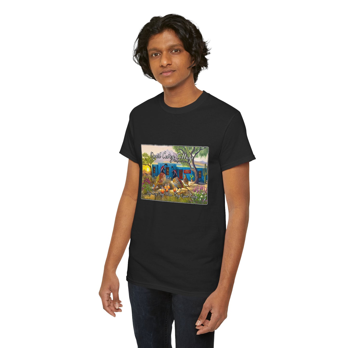 "Quail Covey Cottage" Nature-Inspired Unisex Heavy Cotton Tee, Casual Shirt, Graphic Tee, Eco-Friendly Fashion, Outdoor Adventure Wear
