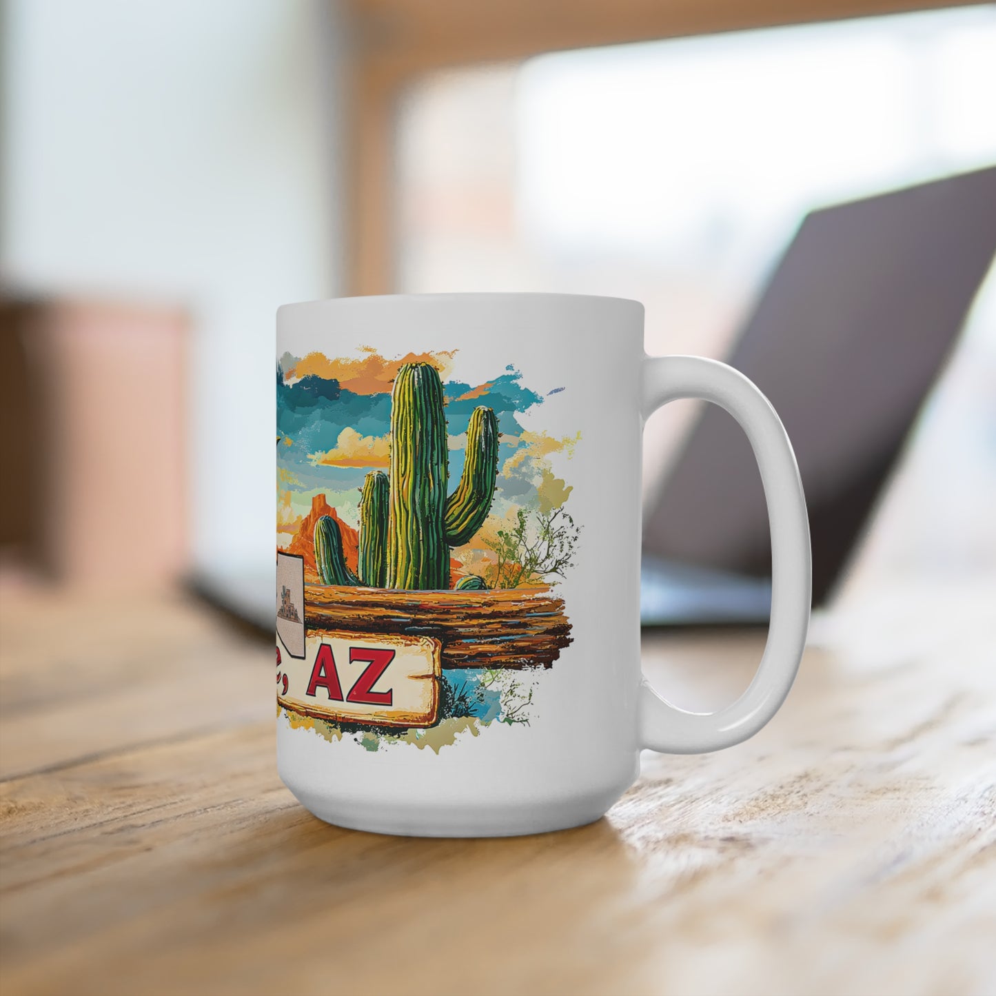 Colorful Bisbee, AZ Mug - 15oz Ceramic Coffee Cup with Cactus and Bird Design