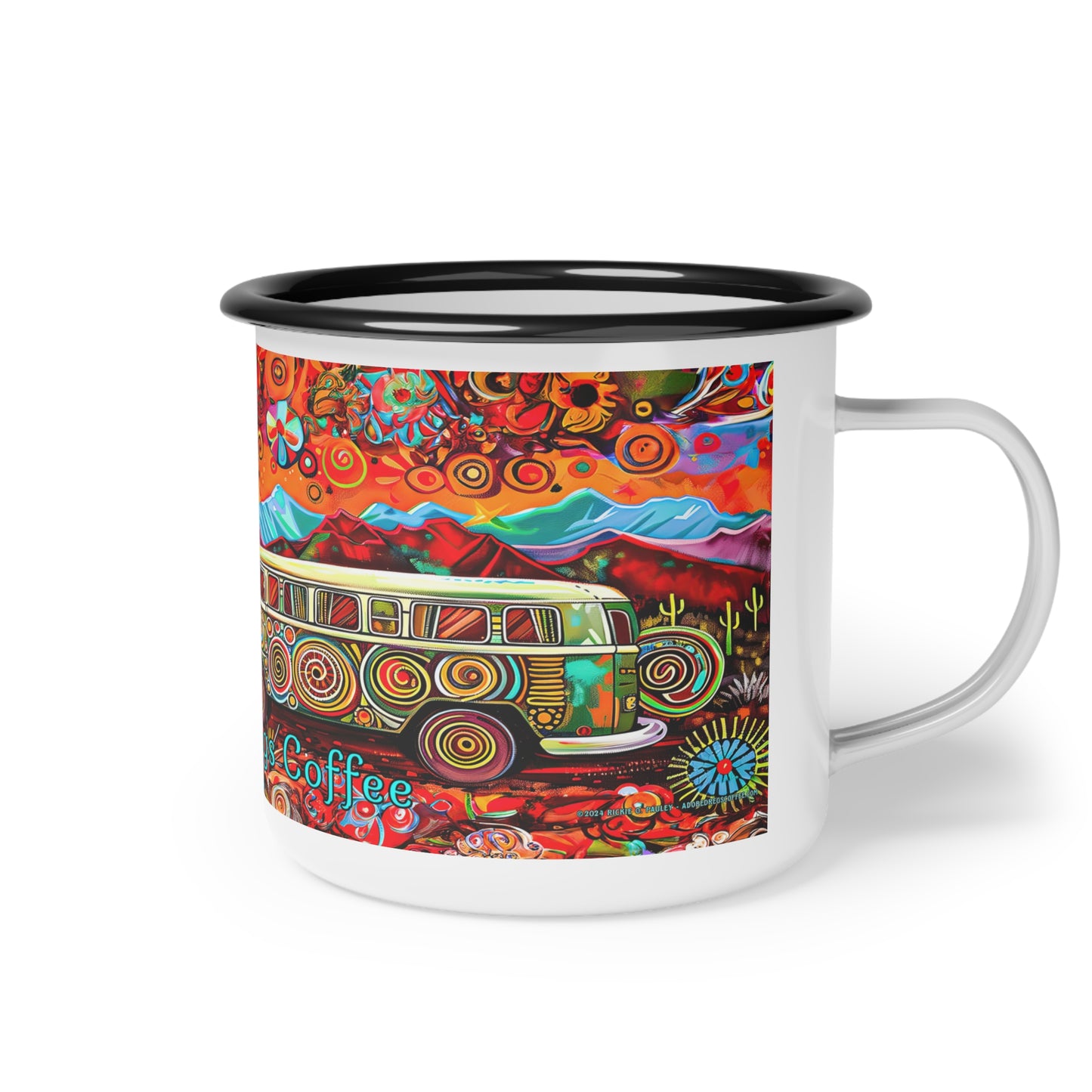 "Hippy Trips" Enamel Camp Cup - 12oz Desert Themed Mini Bus, Camper Van Camp Mug