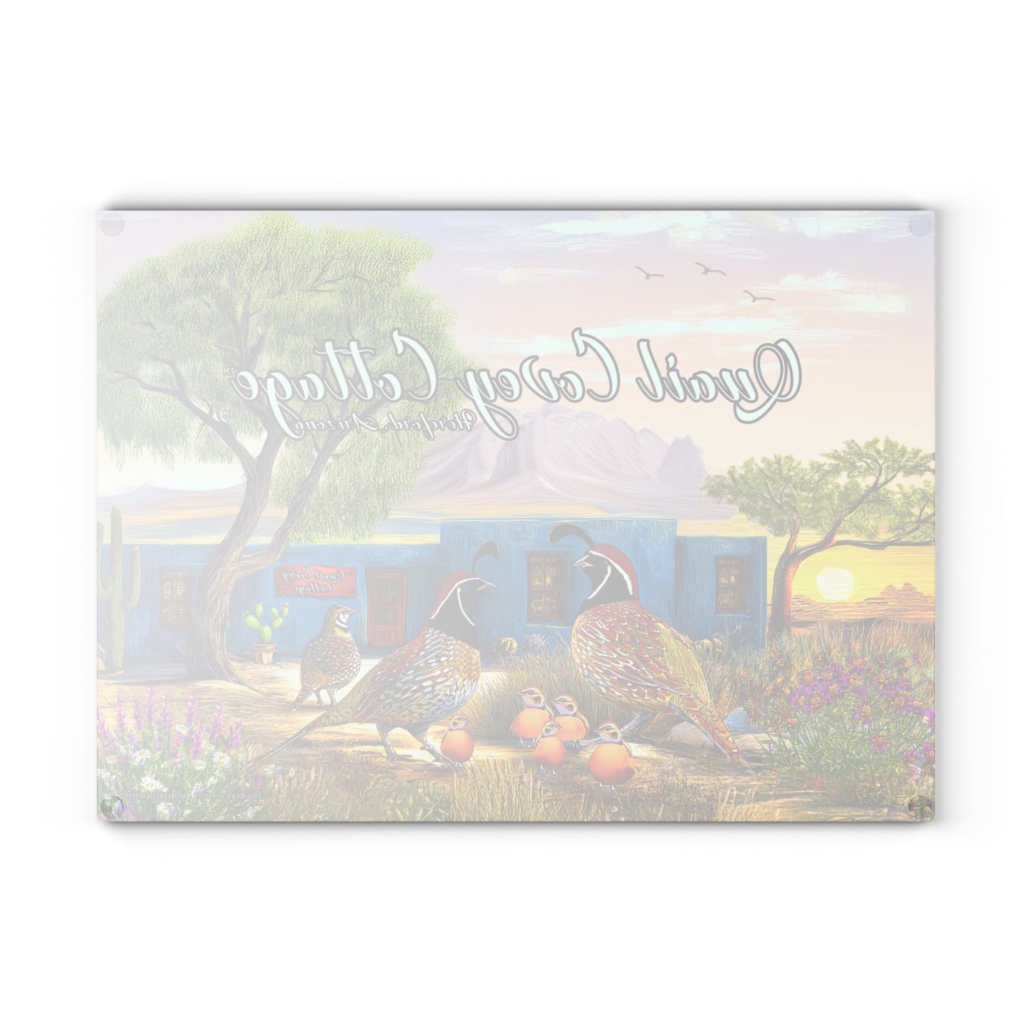 "Quail Covey Cottage" Rustic Glass Cutting Board with Quail Design, Available in 2 sizes, Kitchen Decor, Gift for Cooks, Desert Southwest Style