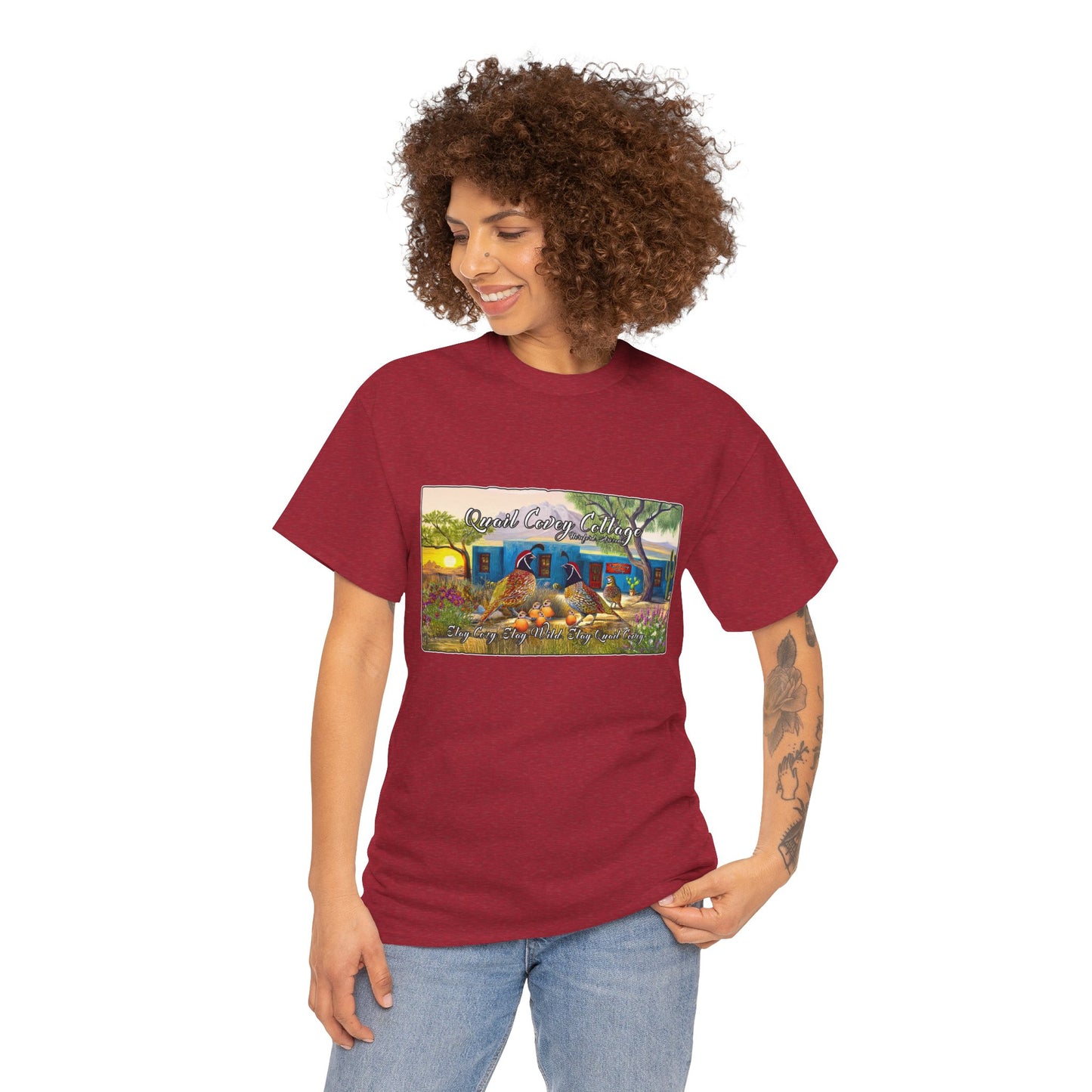 "Quail Covey Cottage" Nature-Inspired Unisex Heavy Cotton Tee, Casual Shirt, Graphic Tee, Eco-Friendly Fashion, Outdoor Adventure Wear