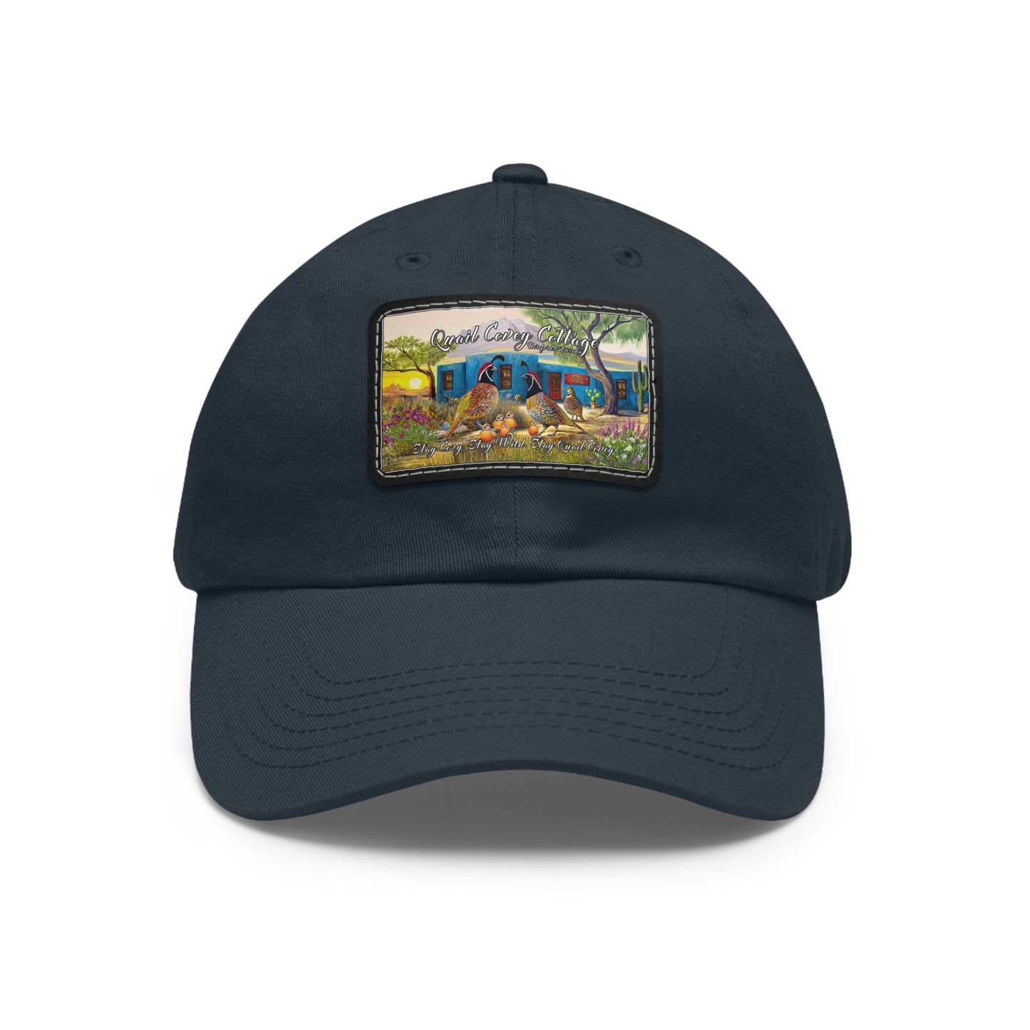 "Quail Covey Cottage" Stylish Dad Hat with Leather Patch, Casual Outdoor Wear, Unique Dad Accessory, Vintage-Inspired Cap,