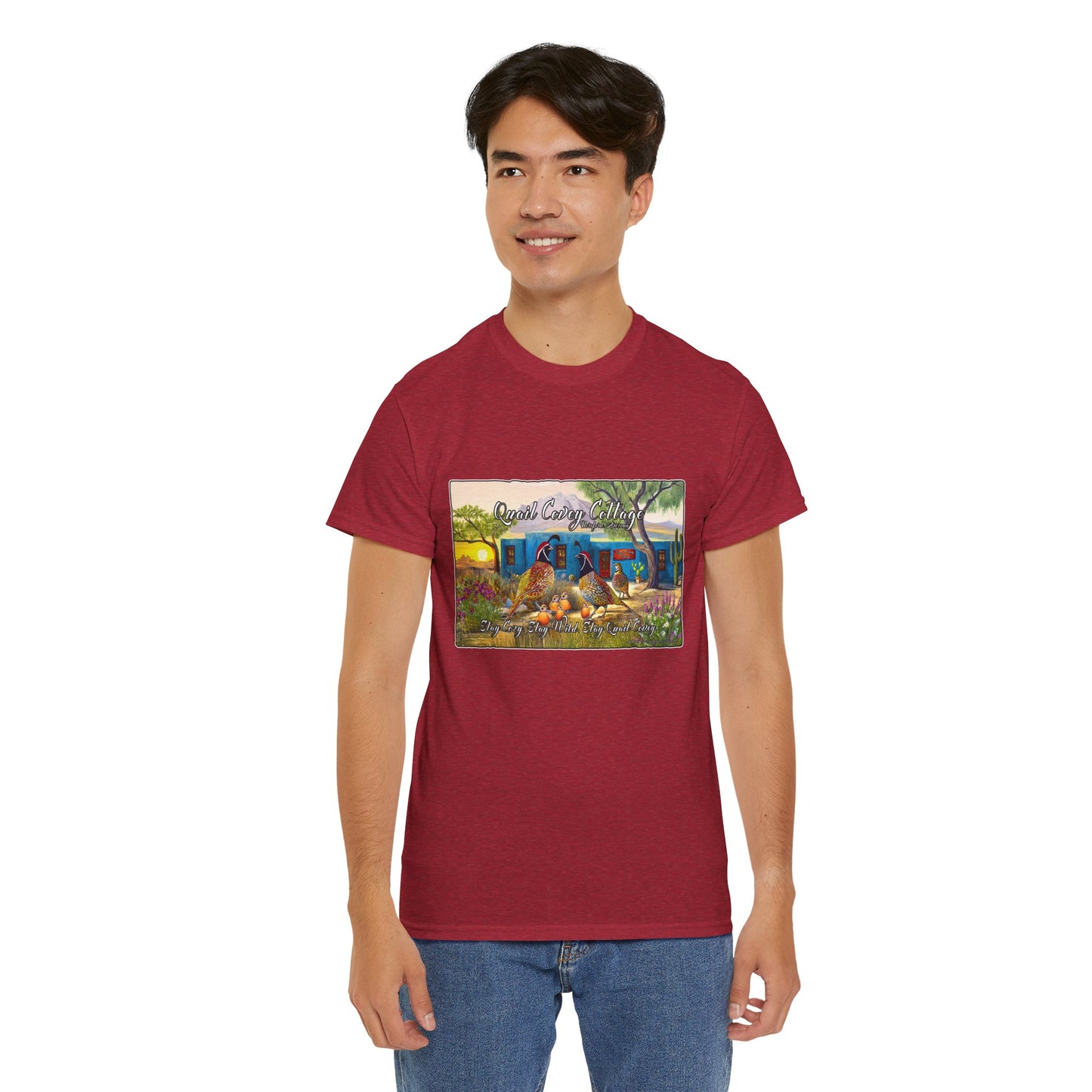 "Quail Covey Cottage" Nature-Inspired Unisex Heavy Cotton Tee, Casual Shirt, Graphic Tee, Eco-Friendly Fashion, Outdoor Adventure Wear