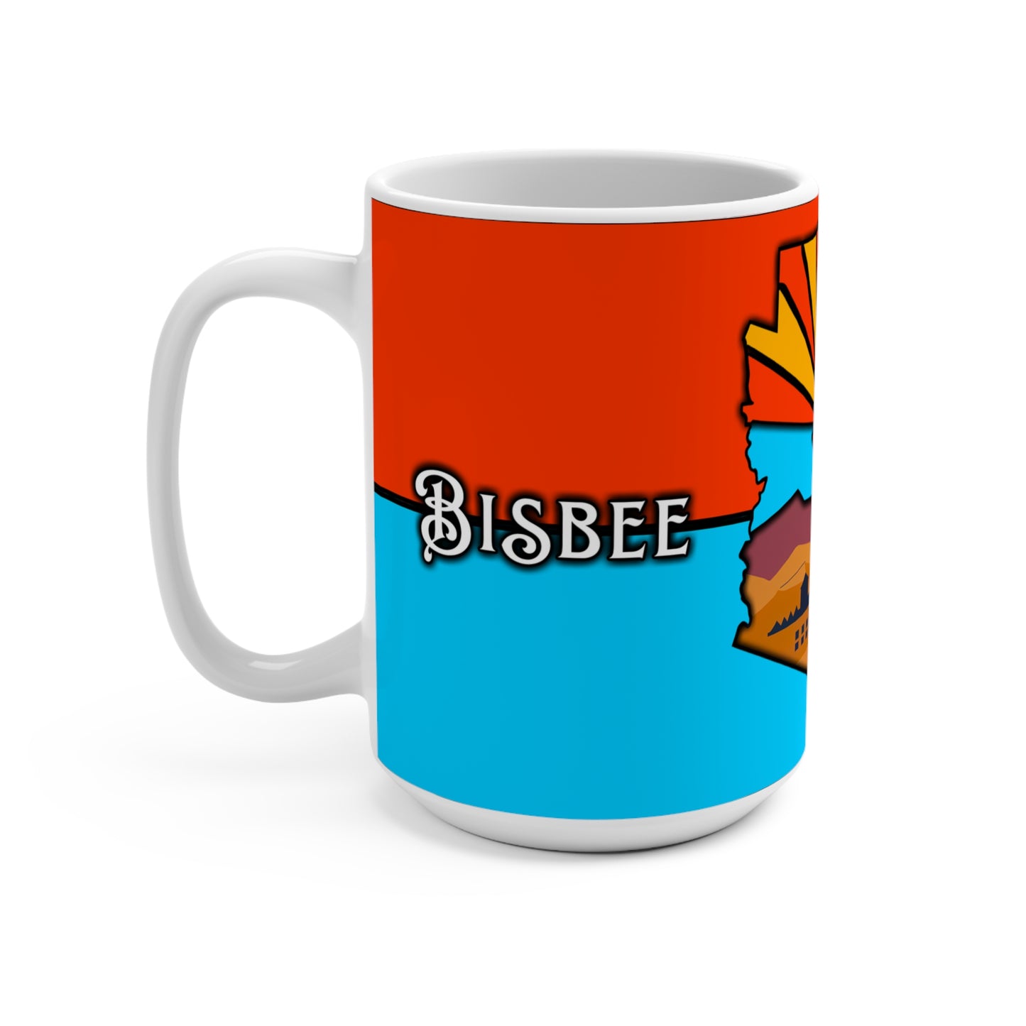 Bisbee, Arizona 15oz Mug - Vibrant Souvenir Coffee Cup with State Map & Sunshine Design