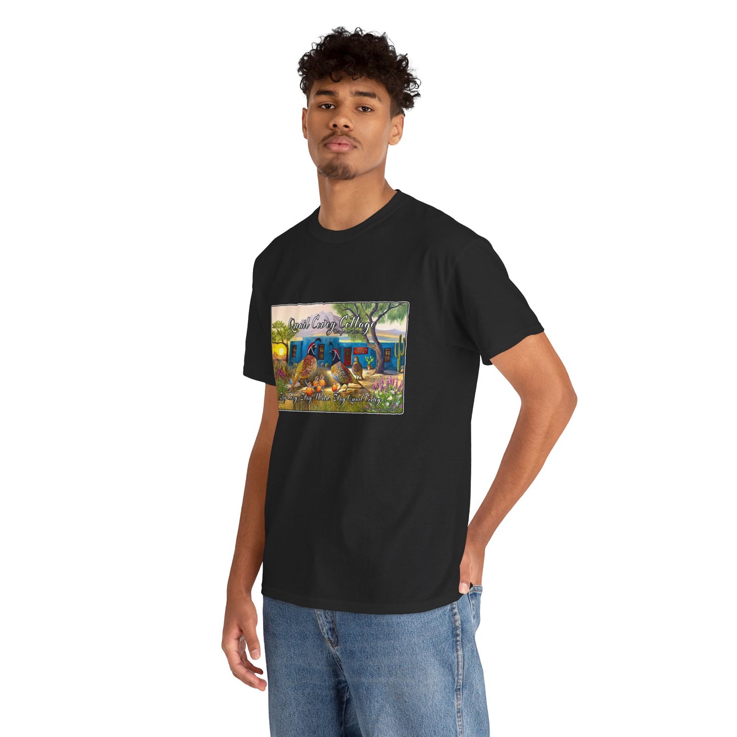 "Quail Covey Cottage" Nature-Inspired Unisex Heavy Cotton Tee, Casual Shirt, Graphic Tee, Eco-Friendly Fashion, Outdoor Adventure Wear