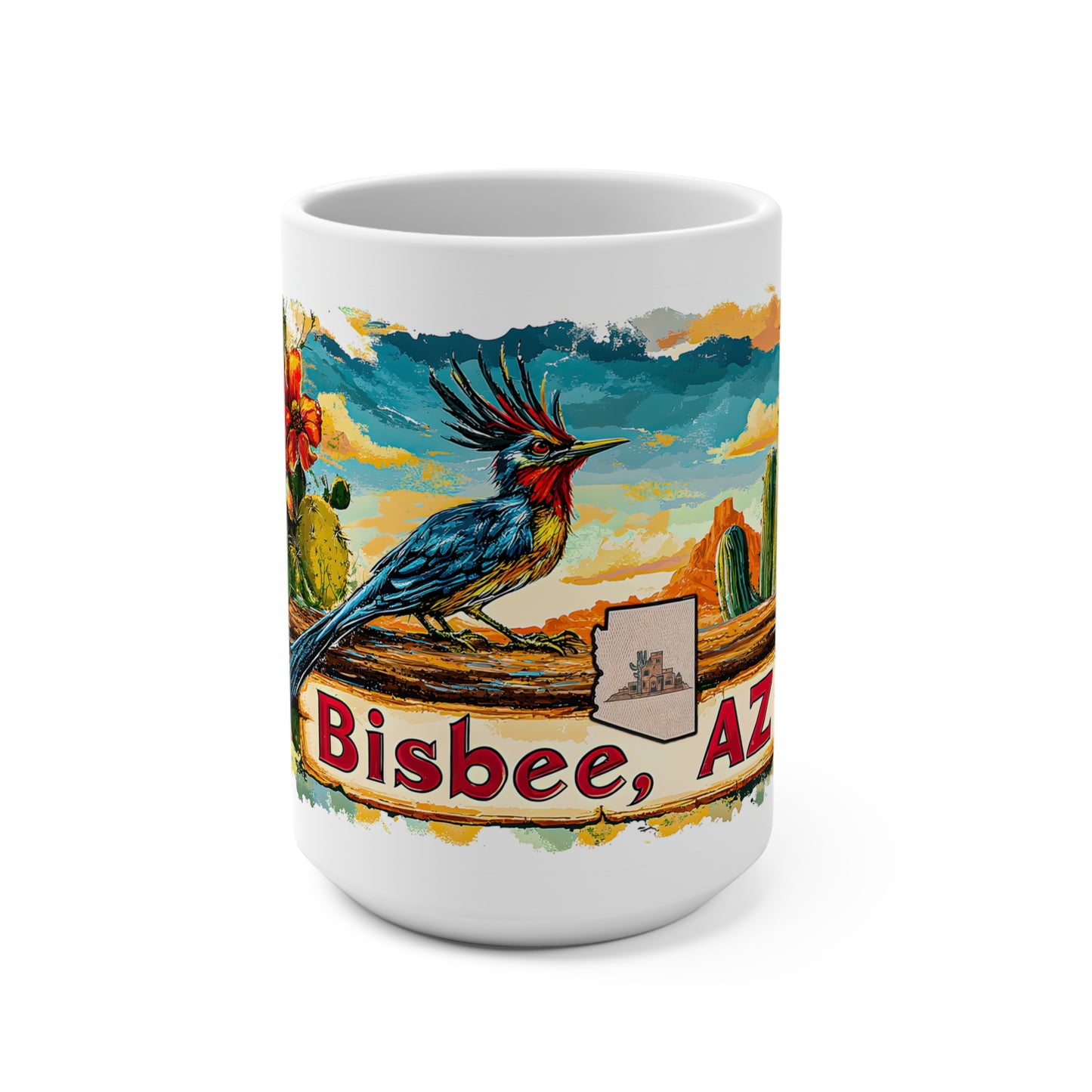 Colorful Bisbee, AZ Mug - 15oz Ceramic Coffee Cup with Cactus and Bird Design
