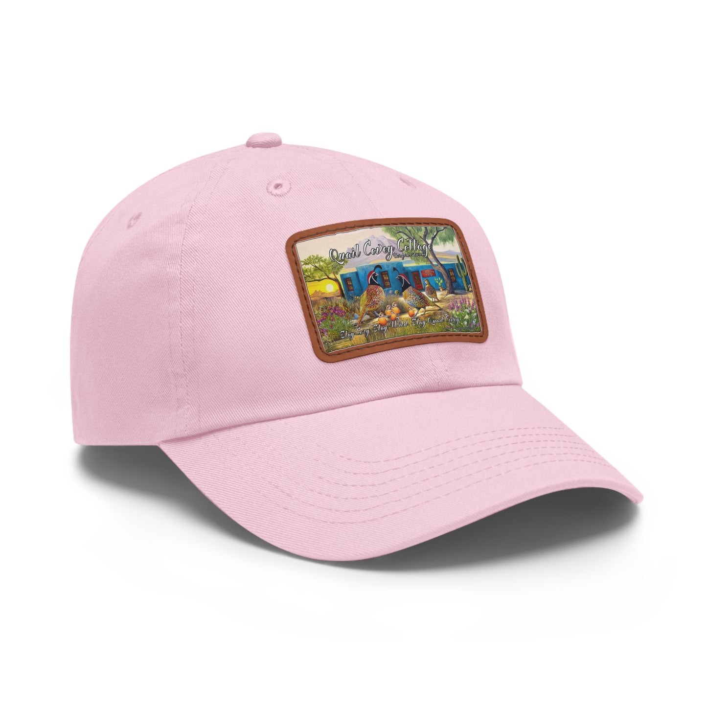 "Quail Covey Cottage" Stylish Dad Hat with Leather Patch, Casual Outdoor Wear, Unique Dad Accessory, Vintage-Inspired Cap,