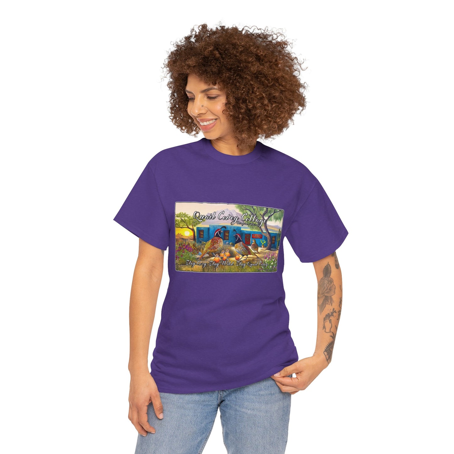 "Quail Covey Cottage" Nature-Inspired Unisex Heavy Cotton Tee, Casual Shirt, Graphic Tee, Eco-Friendly Fashion, Outdoor Adventure Wear