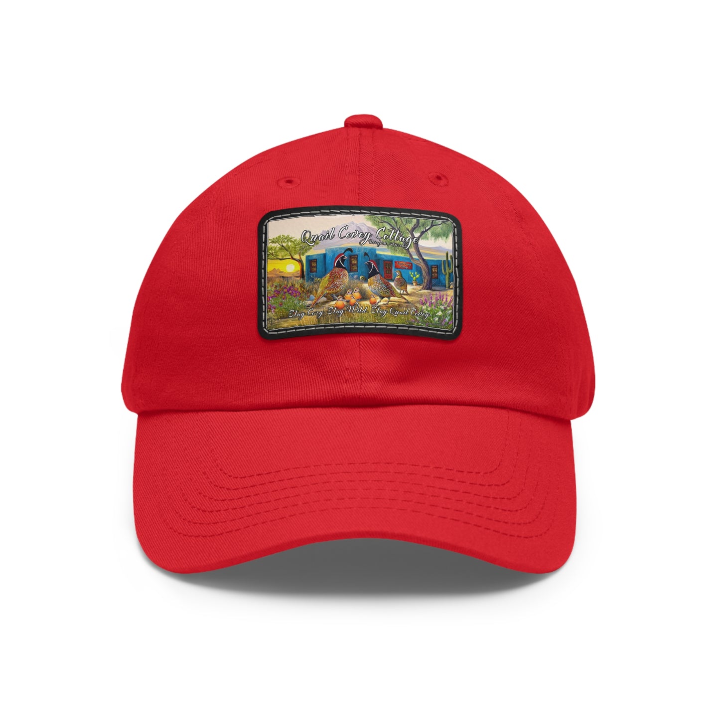 "Quail Covey Cottage" Stylish Dad Hat with Leather Patch, Casual Outdoor Wear, Unique Dad Accessory, Vintage-Inspired Cap,