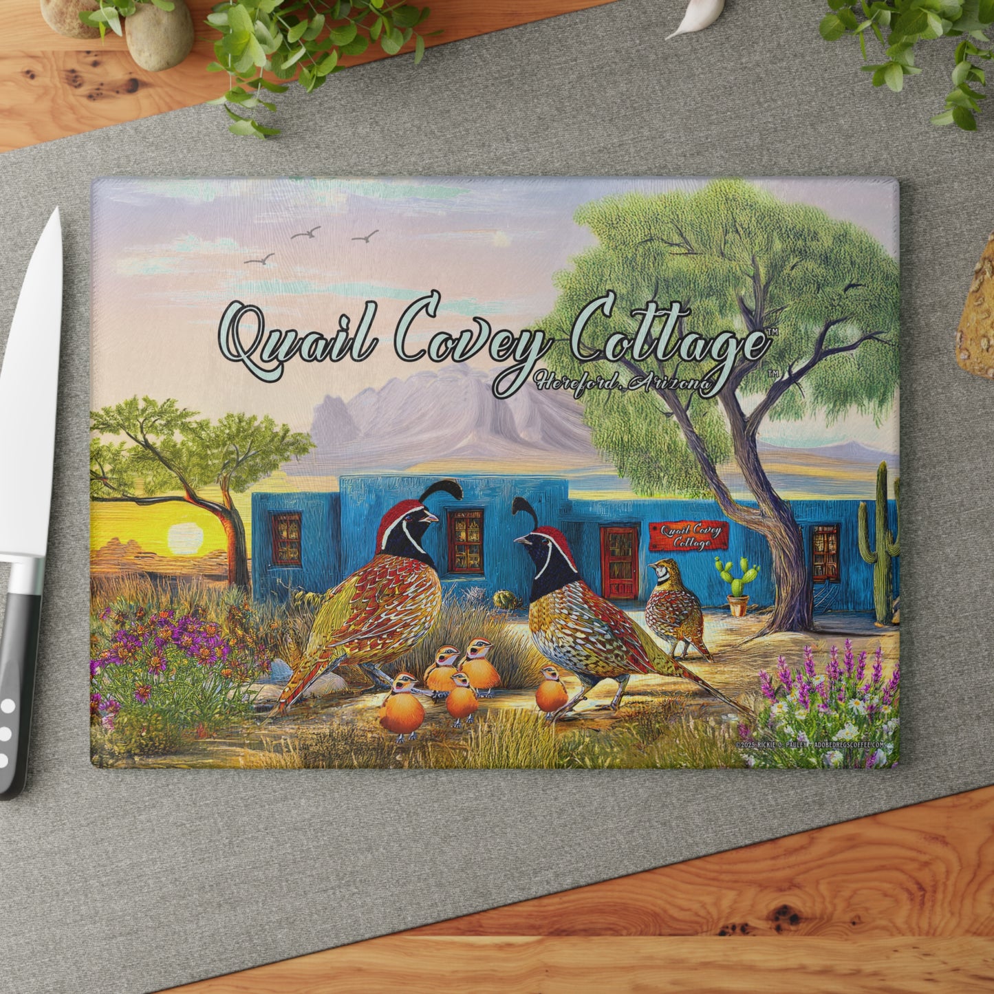 "Quail Covey Cottage" Rustic Glass Cutting Board with Quail Design, Available in 2 sizes, Kitchen Decor, Gift for Cooks, Desert Southwest Style