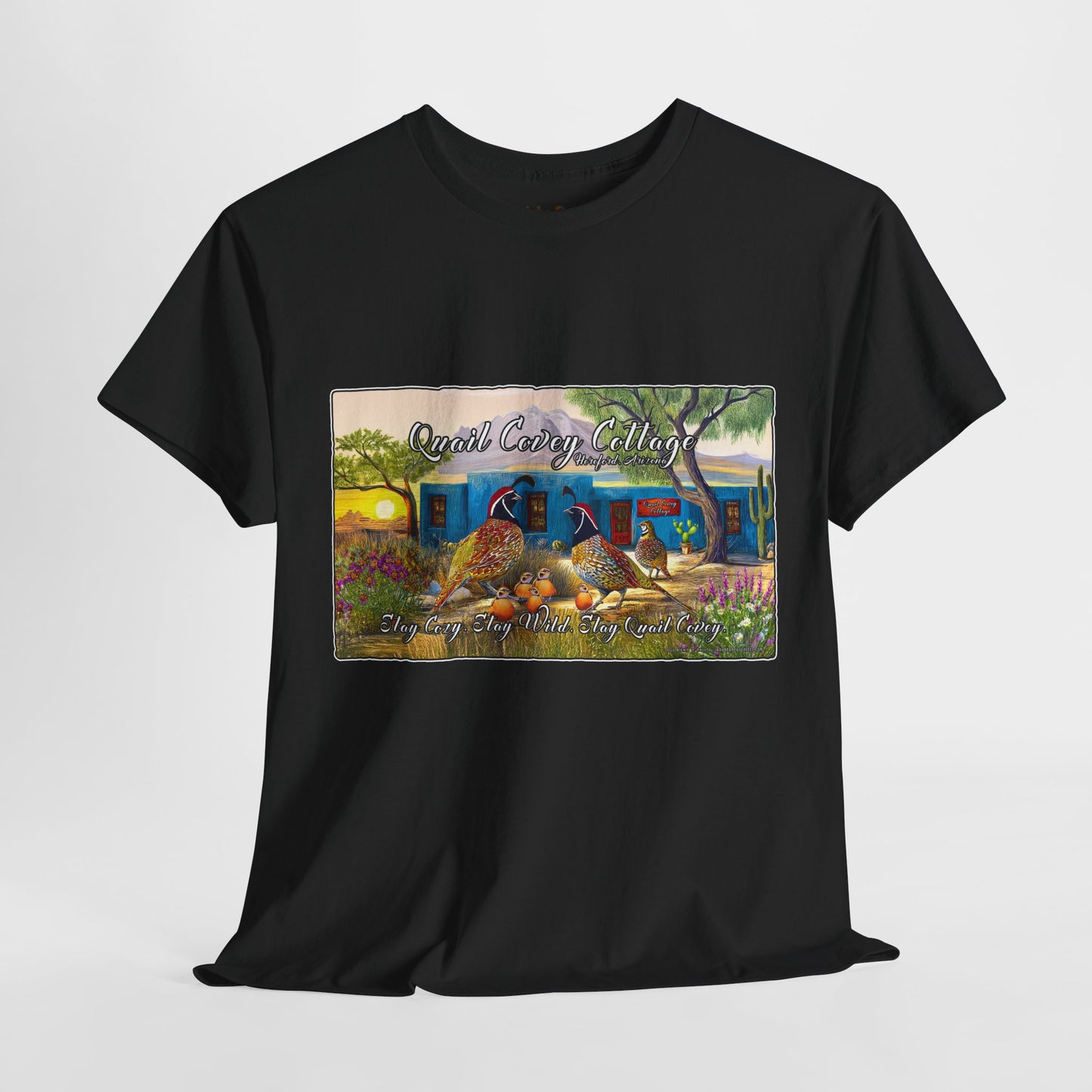 "Quail Covey Cottage" Nature-Inspired Unisex Heavy Cotton Tee, Casual Shirt, Graphic Tee, Eco-Friendly Fashion, Outdoor Adventure Wear