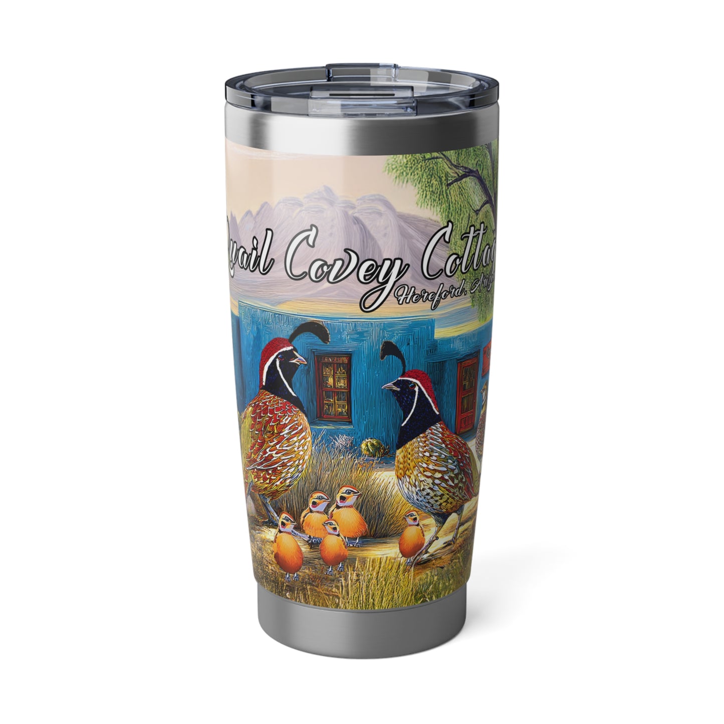 "Quail Covey Cottage" - Vagabond 20oz Tumbler - Artistic Travel Mug for Adventurers, Insulated Drinkware for Traveling, Unique Gift