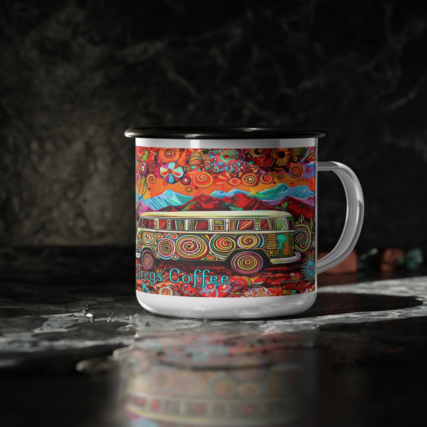 "Hippy Trips" Enamel Camp Cup - 12oz Desert Themed Mini Bus, Camper Van Camp Mug