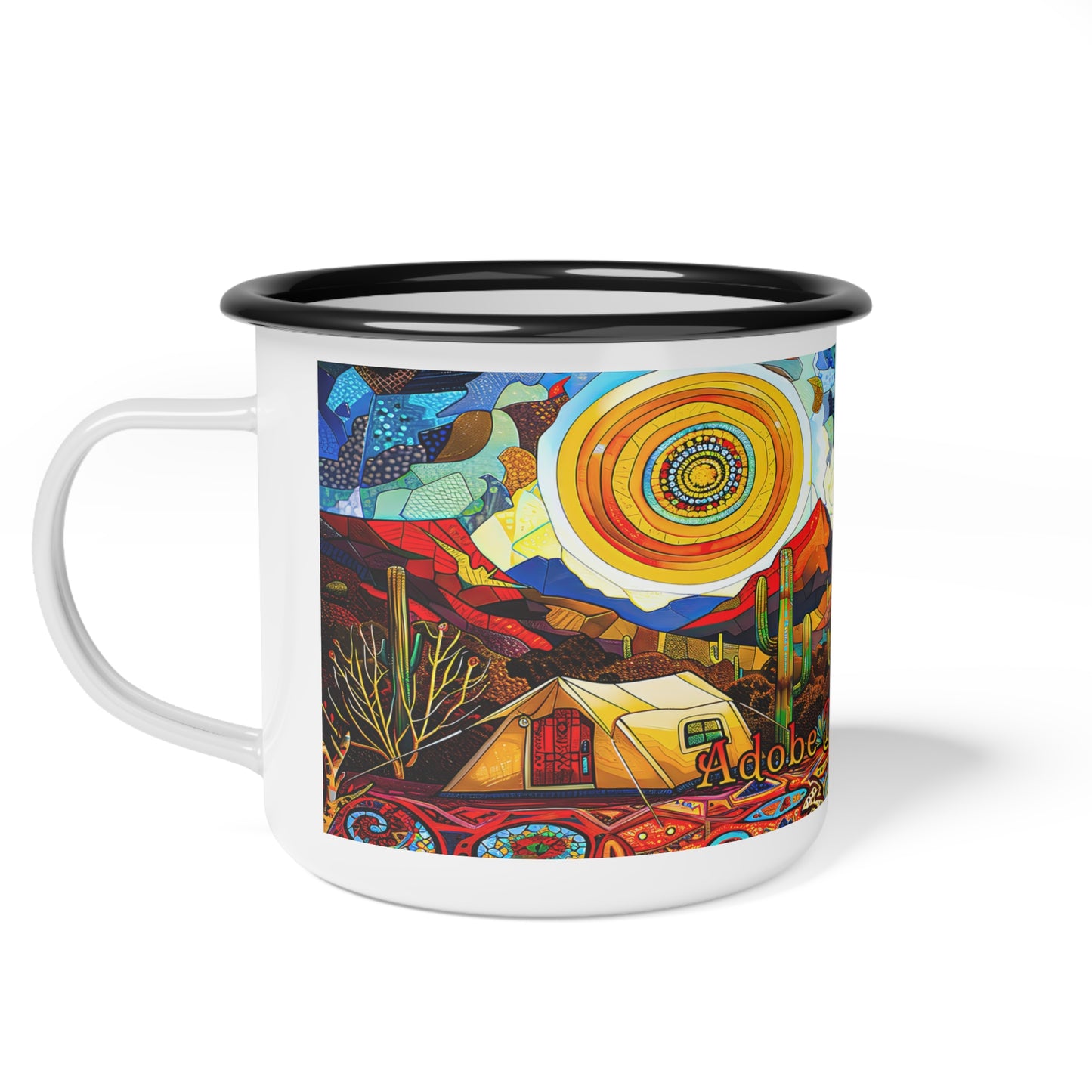 "A Patchwork Desert Camp" Mug Desert Southwest Theme Colorful Patchwork Desert Tent 12 oz Enamel Cup