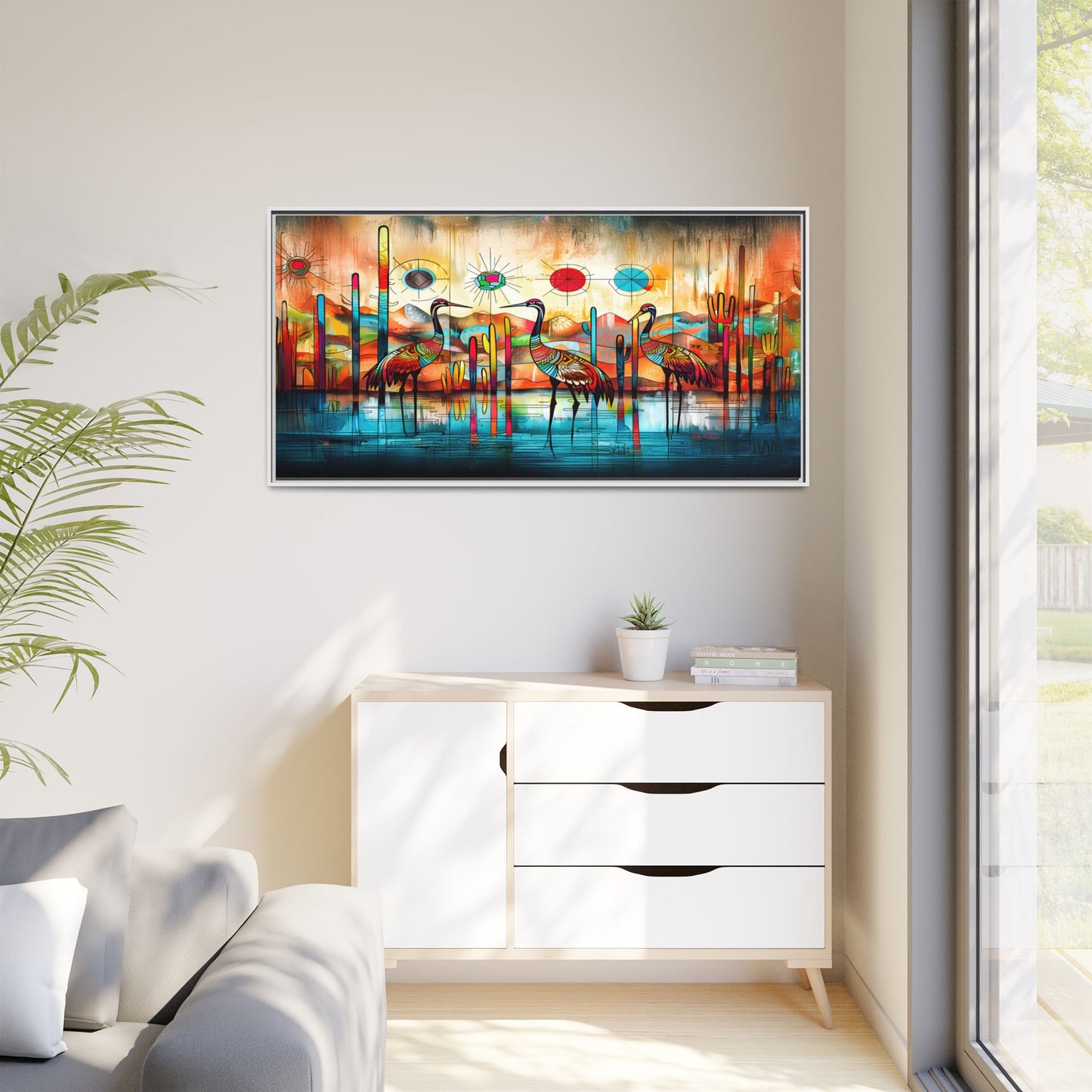 "Sandhill Craze" Vibrant & Colorful Sandhill Cranes Framed Canvas Art, Colorful Wall Decor, Unique Gift Idea, Art for Living Room and Office