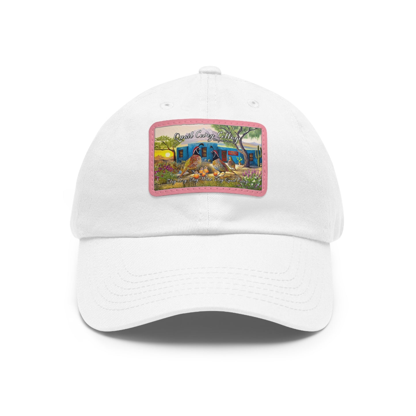 "Quail Covey Cottage" Stylish Dad Hat with Leather Patch, Casual Outdoor Wear, Unique Dad Accessory, Vintage-Inspired Cap,