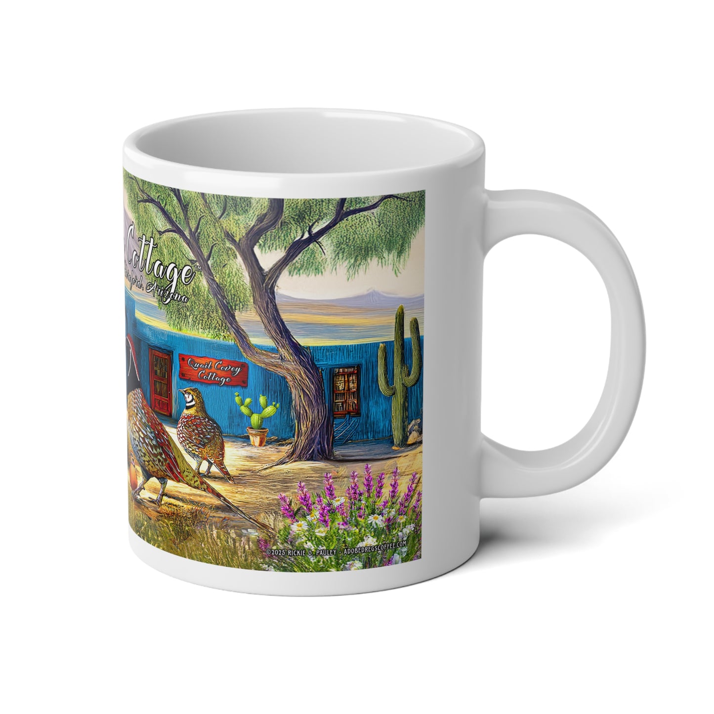 "Quail Covey Cottage" Jumbo Mug, 20oz - Ideal for Coffee Lovers, Perfect Gift for Nature Enthusiasts, Desert Southwest Home Decor, Kitchenware