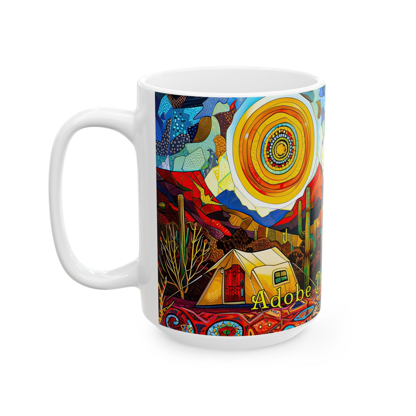 "A Patchwork Desert Camp" Vibrant Ceramic Mug - Available in 11oz and 15oz Sizes