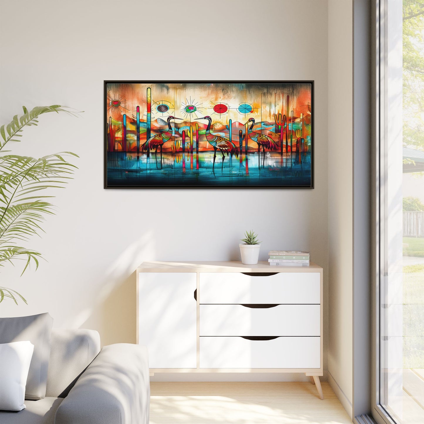 "Sandhill Craze" Vibrant & Colorful Sandhill Cranes Framed Canvas Art, Colorful Wall Decor, Unique Gift Idea, Art for Living Room and Office