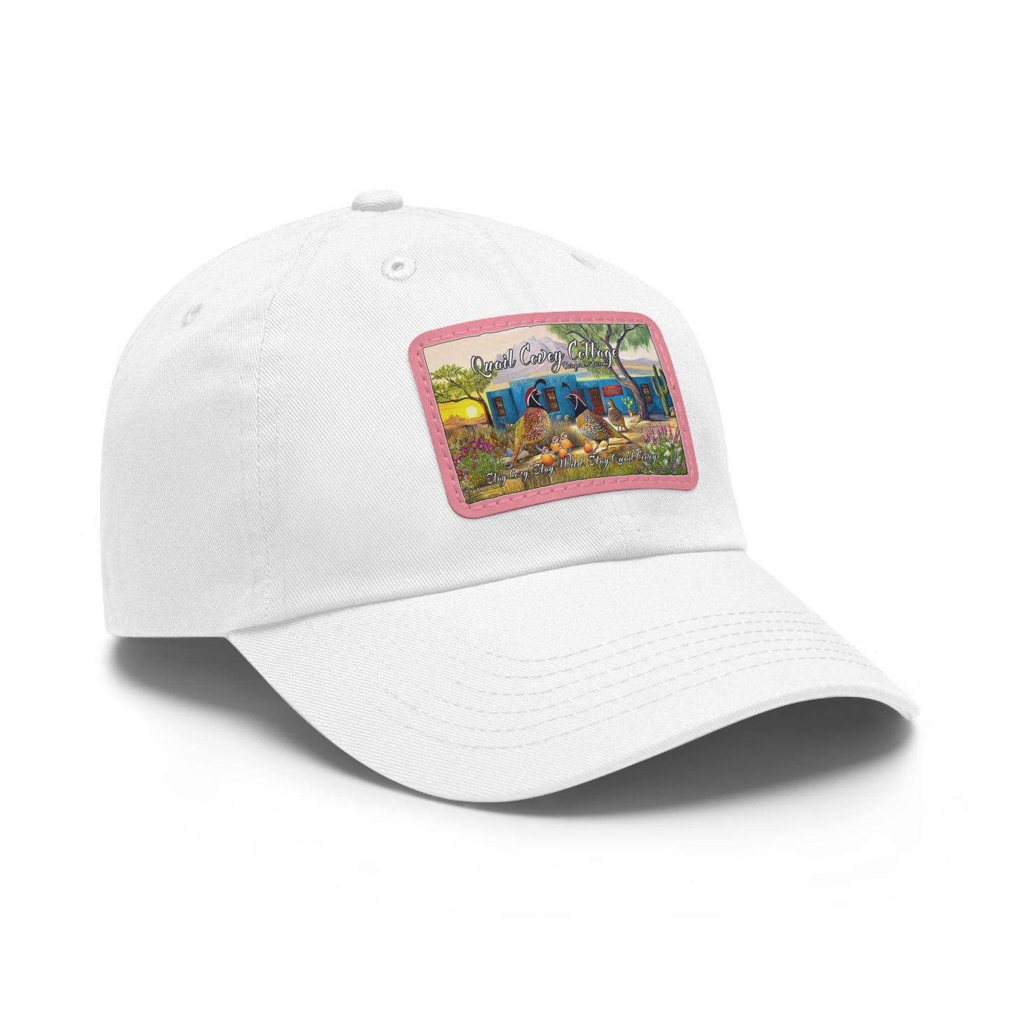 "Quail Covey Cottage" Stylish Dad Hat with Leather Patch, Casual Outdoor Wear, Unique Dad Accessory, Vintage-Inspired Cap,