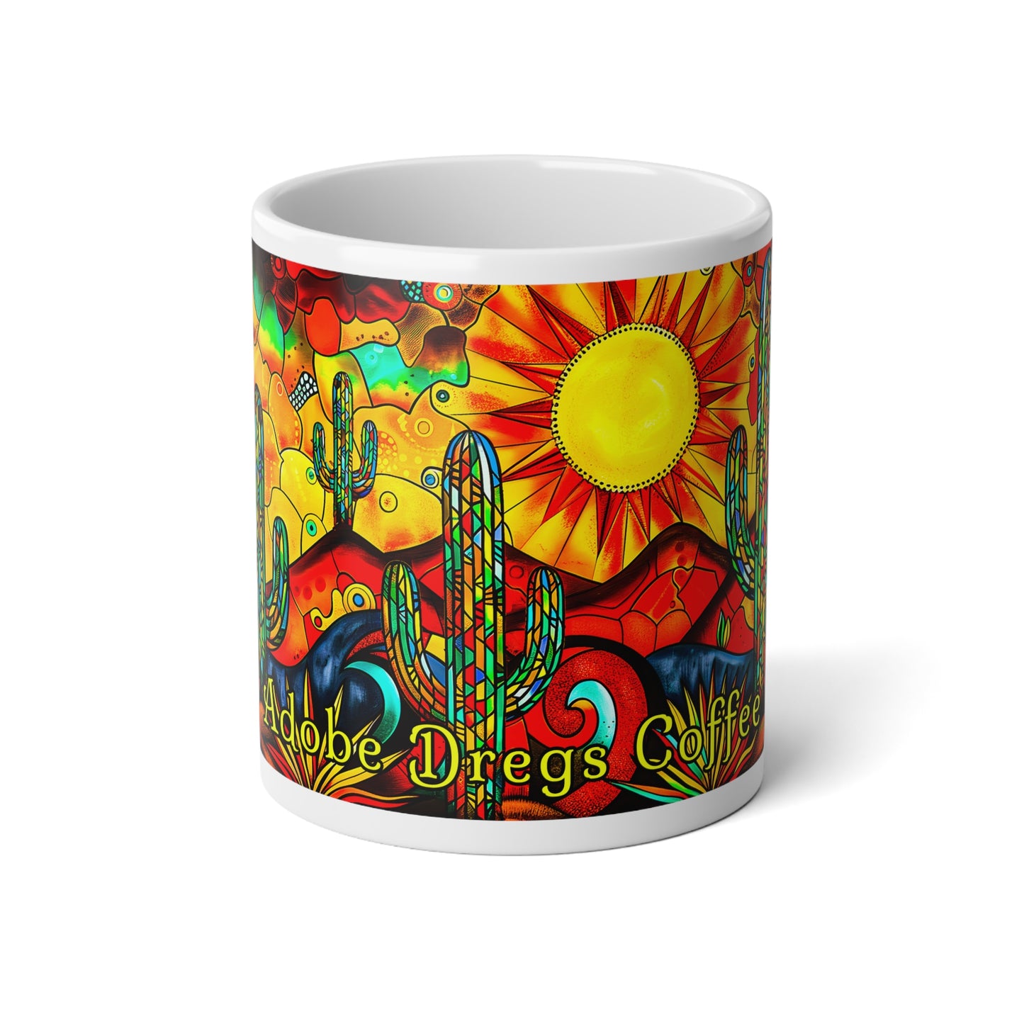 "Prism" Vibrant 20oz Jumbo Mug - Adobe Dregs Coffee Design with Saguaro Cactus and Sun