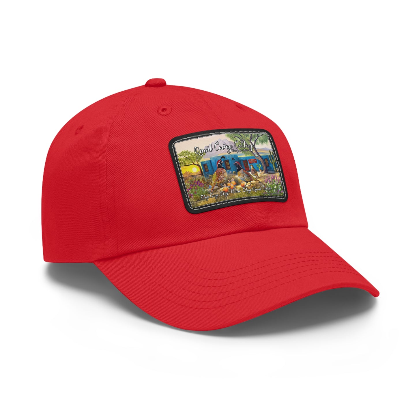 "Quail Covey Cottage" Stylish Dad Hat with Leather Patch, Casual Outdoor Wear, Unique Dad Accessory, Vintage-Inspired Cap,