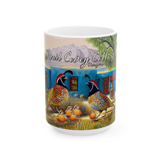 "Quail Covey Cottage" - Rustic Quail-Themed Ceramic Mug, Unique Coffee Cup, Nature Lover Gift, Desert Southwest Decor
