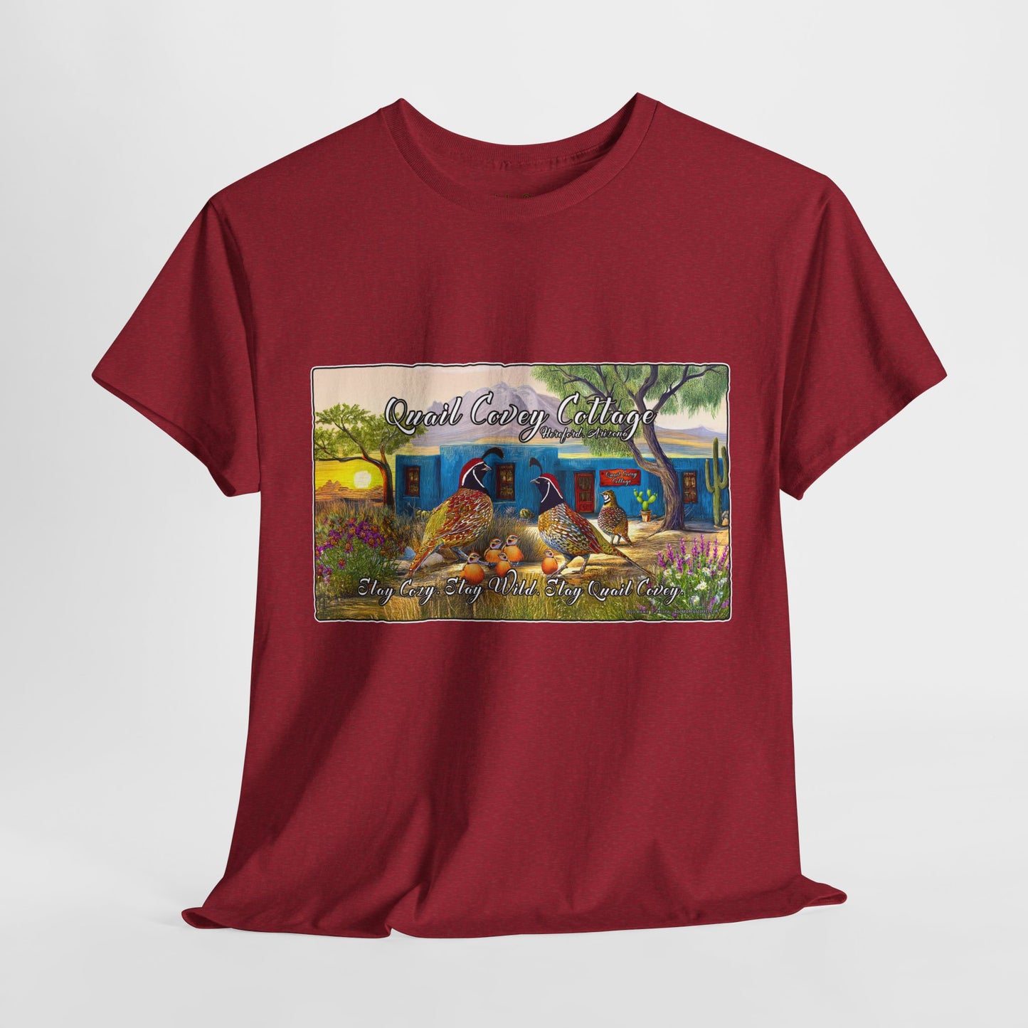 "Quail Covey Cottage" Nature-Inspired Unisex Heavy Cotton Tee, Casual Shirt, Graphic Tee, Eco-Friendly Fashion, Outdoor Adventure Wear