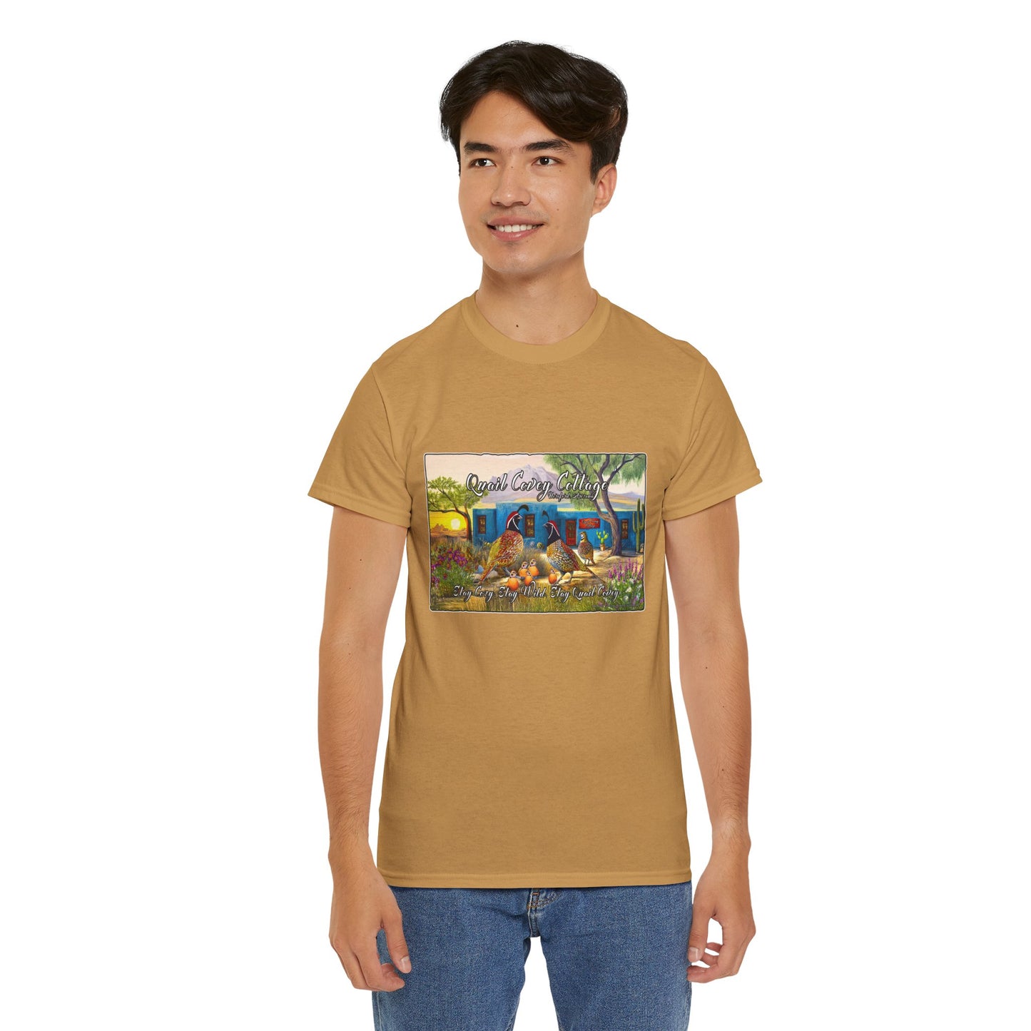 "Quail Covey Cottage" Nature-Inspired Unisex Heavy Cotton Tee, Casual Shirt, Graphic Tee, Eco-Friendly Fashion, Outdoor Adventure Wear
