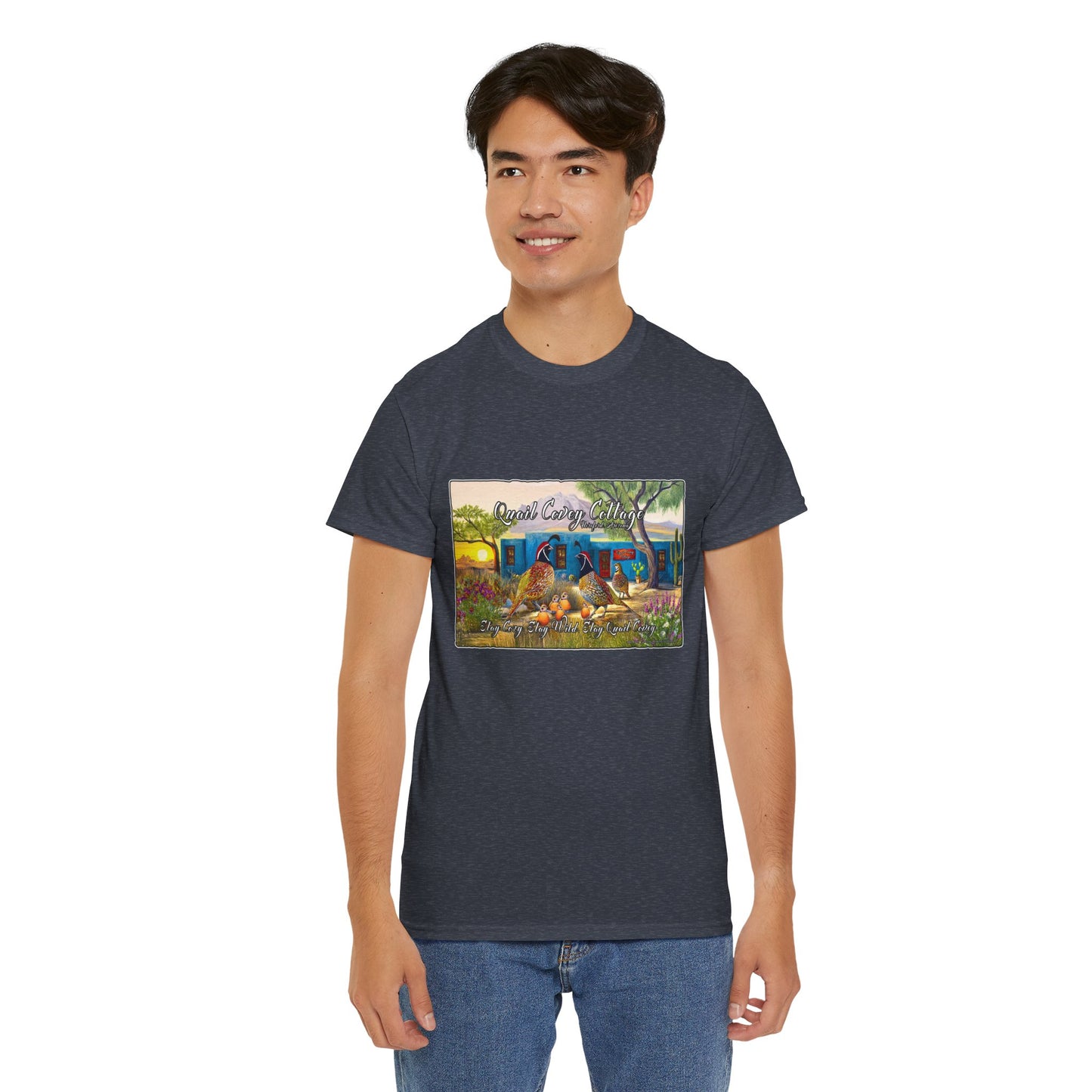 "Quail Covey Cottage" Nature-Inspired Unisex Heavy Cotton Tee, Casual Shirt, Graphic Tee, Eco-Friendly Fashion, Outdoor Adventure Wear