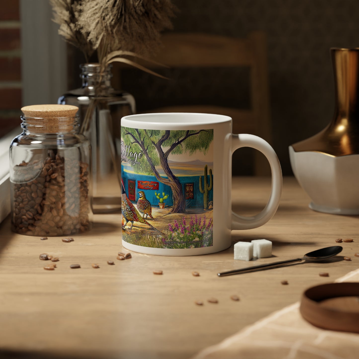 "Quail Covey Cottage" Jumbo Mug, 20oz - Ideal for Coffee Lovers, Perfect Gift for Nature Enthusiasts, Desert Southwest Home Decor, Kitchenware
