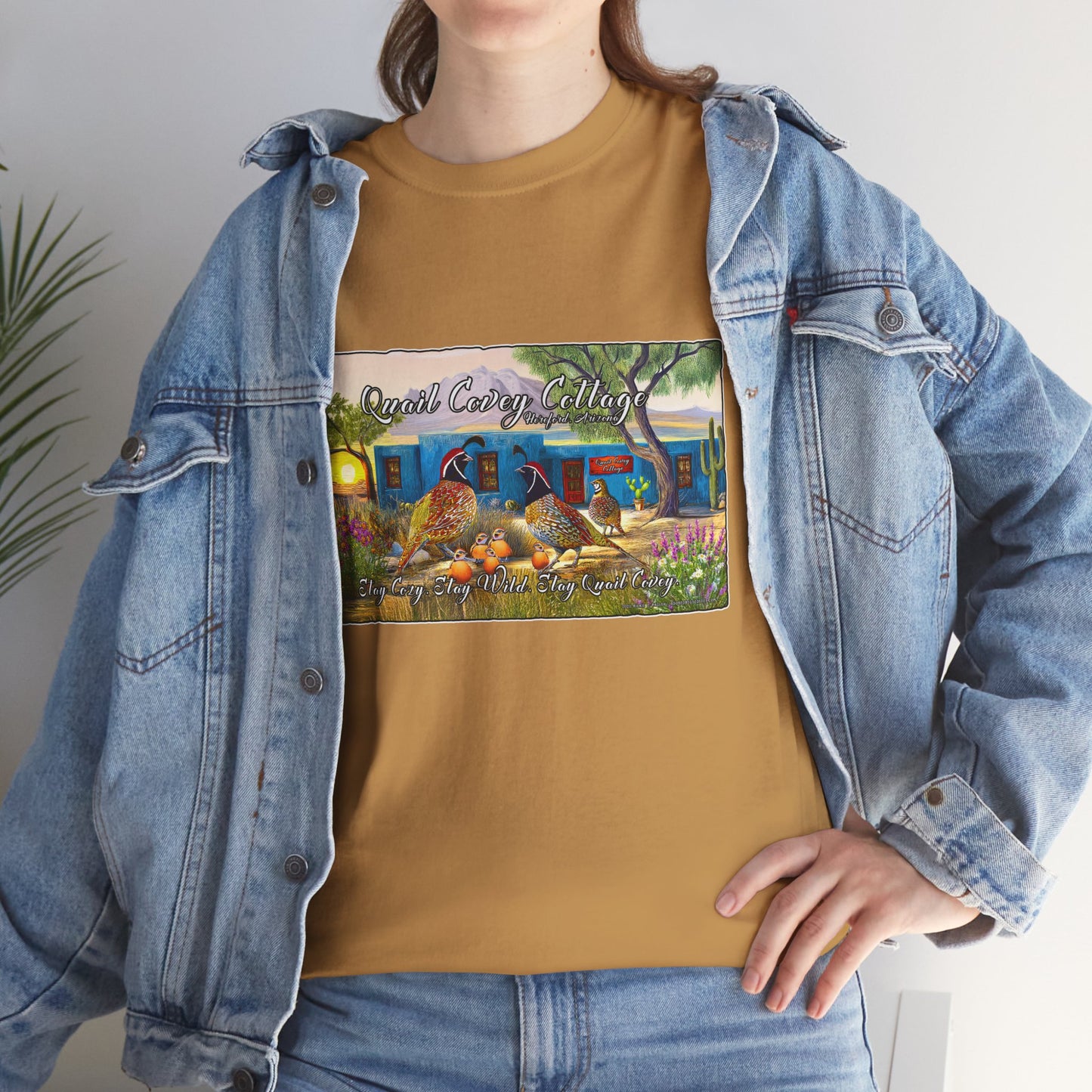 "Quail Covey Cottage" Nature-Inspired Unisex Heavy Cotton Tee, Casual Shirt, Graphic Tee, Eco-Friendly Fashion, Outdoor Adventure Wear