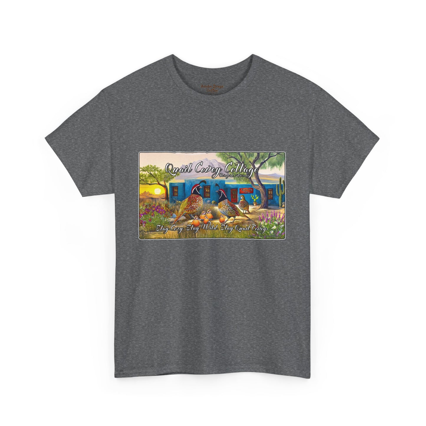 "Quail Covey Cottage" Nature-Inspired Unisex Heavy Cotton Tee, Casual Shirt, Graphic Tee, Eco-Friendly Fashion, Outdoor Adventure Wear