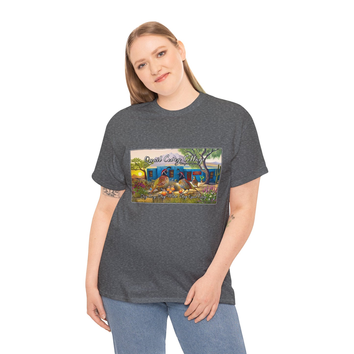 "Quail Covey Cottage" Nature-Inspired Unisex Heavy Cotton Tee, Casual Shirt, Graphic Tee, Eco-Friendly Fashion, Outdoor Adventure Wear
