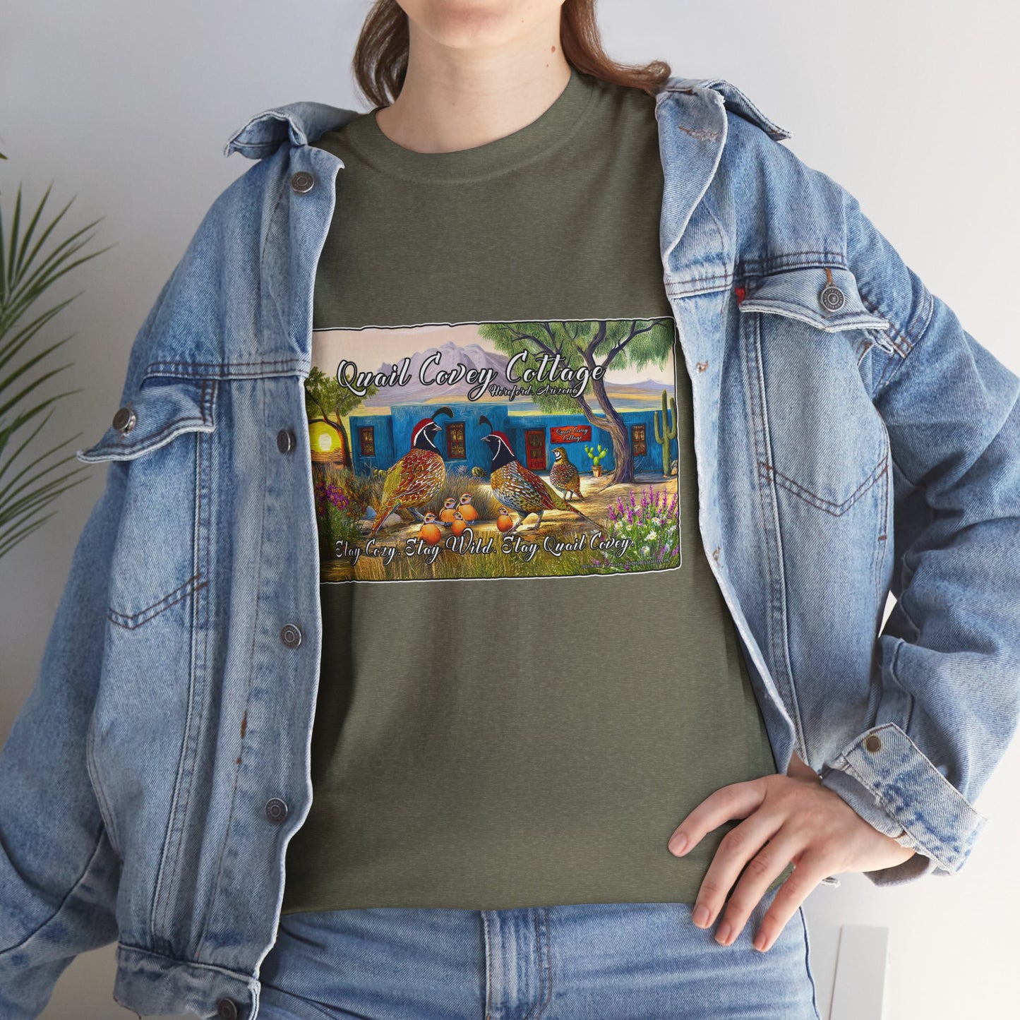 "Quail Covey Cottage" Nature-Inspired Unisex Heavy Cotton Tee, Casual Shirt, Graphic Tee, Eco-Friendly Fashion, Outdoor Adventure Wear