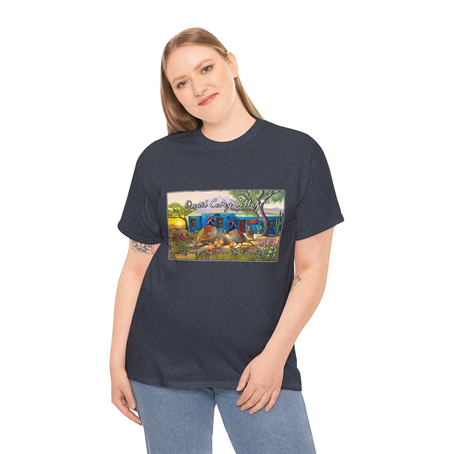 "Quail Covey Cottage" Nature-Inspired Unisex Heavy Cotton Tee, Casual Shirt, Graphic Tee, Eco-Friendly Fashion, Outdoor Adventure Wear
