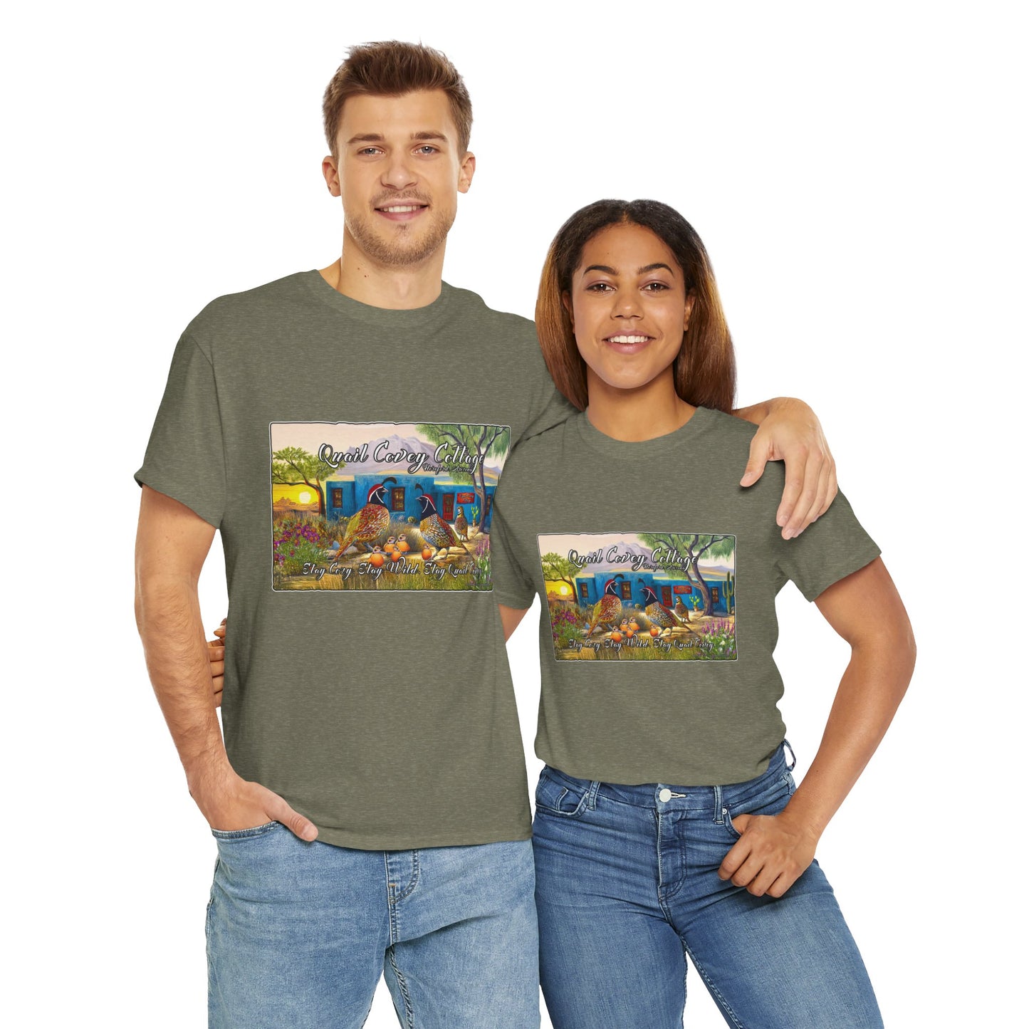 "Quail Covey Cottage" Nature-Inspired Unisex Heavy Cotton Tee, Casual Shirt, Graphic Tee, Eco-Friendly Fashion, Outdoor Adventure Wear