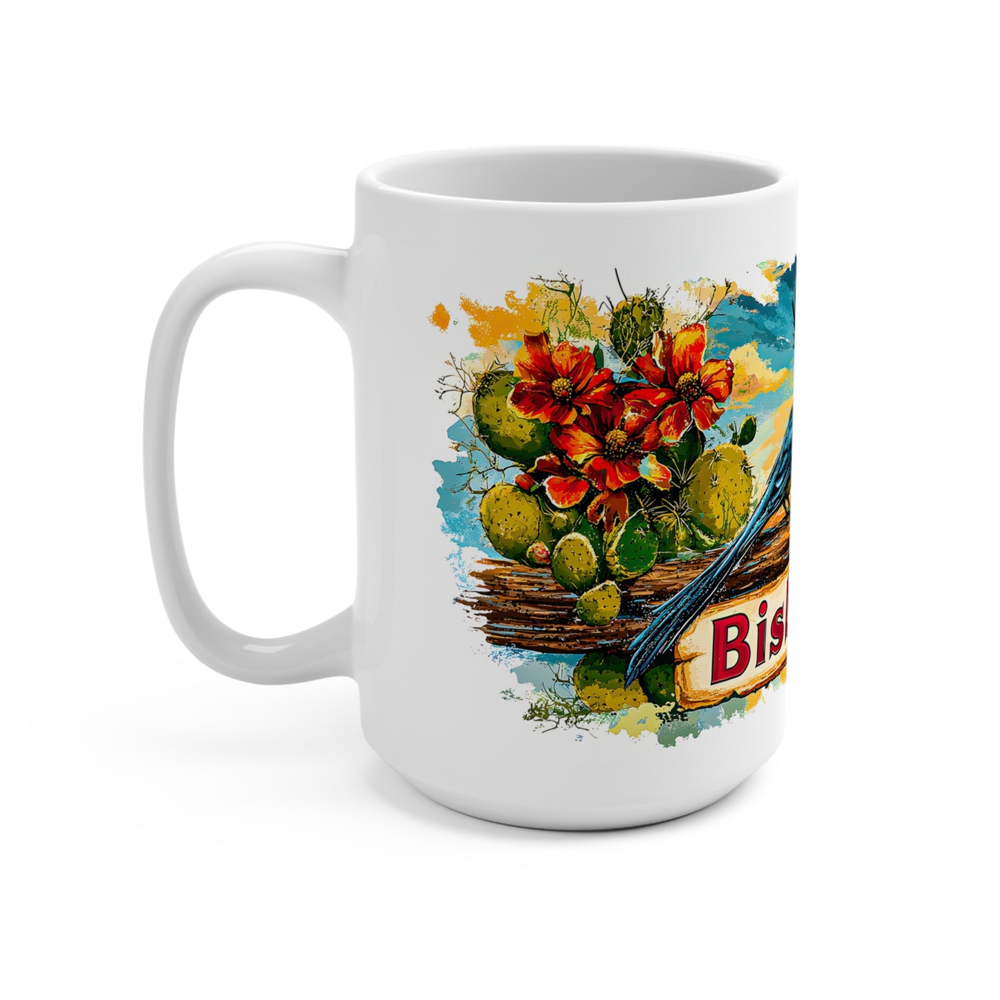 Colorful Bisbee, AZ Mug - 15oz Ceramic Coffee Cup with Cactus and Bird Design