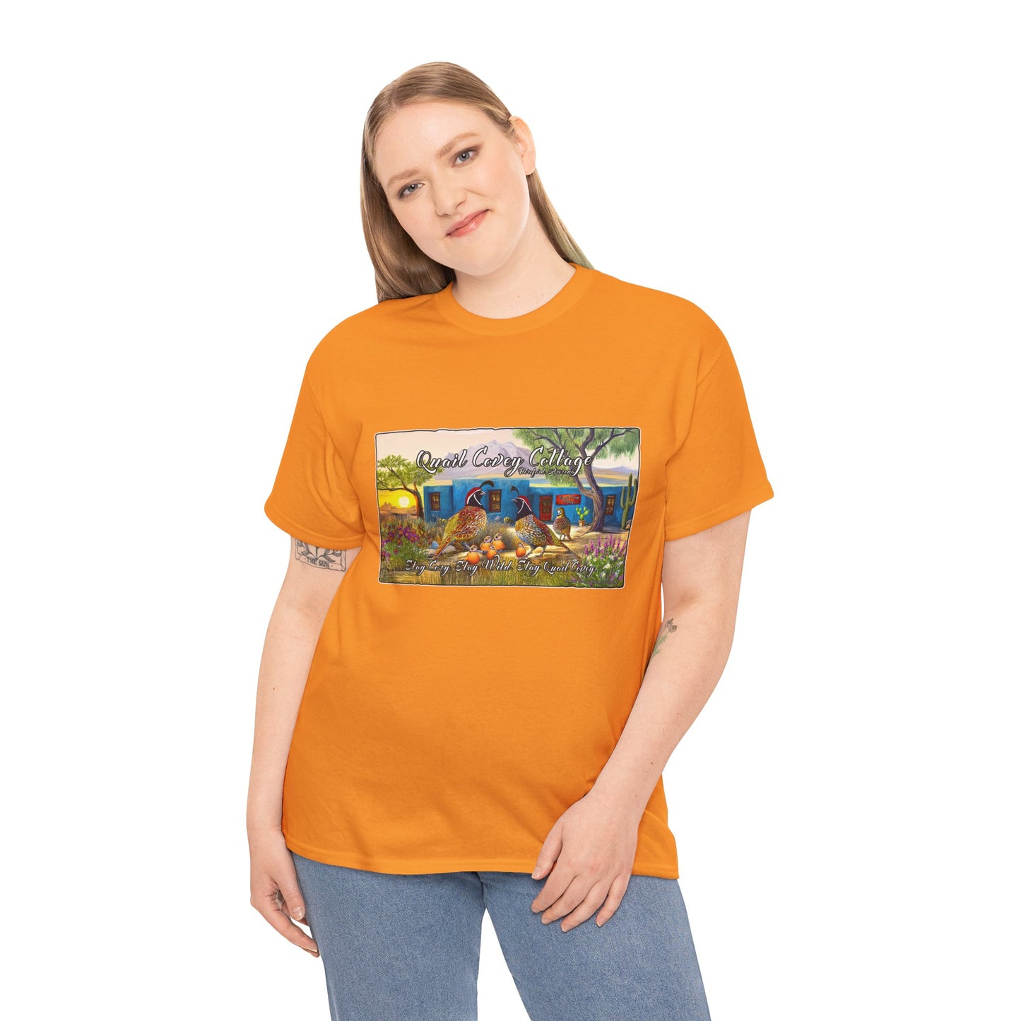 "Quail Covey Cottage" Nature-Inspired Unisex Heavy Cotton Tee, Casual Shirt, Graphic Tee, Eco-Friendly Fashion, Outdoor Adventure Wear